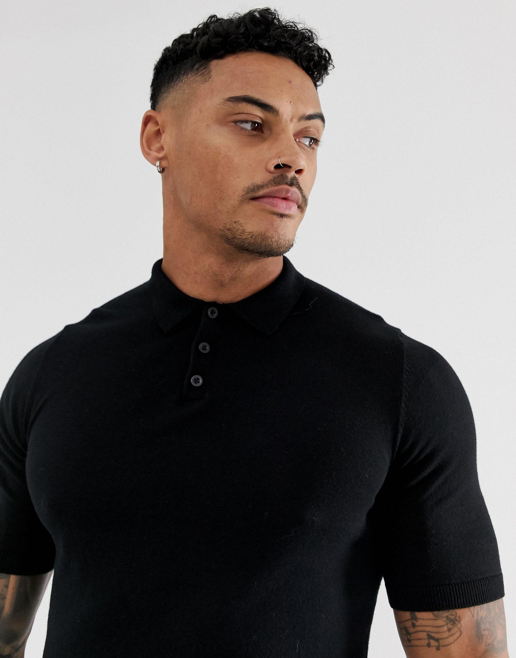 ASOS Knitted Muscle Fit Polo Shirt in Black for Men | Lyst