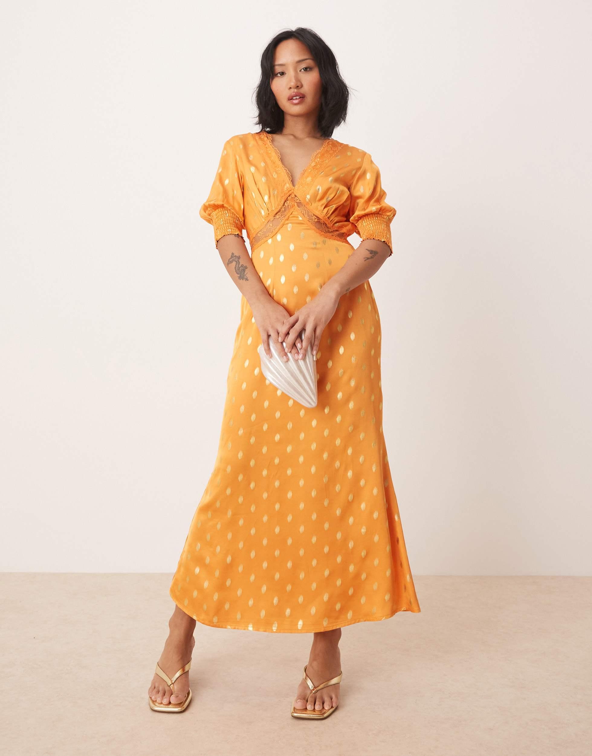 Never Fully Dressed Petite May Gold Fleck Maxi Dress in Orange | Lyst