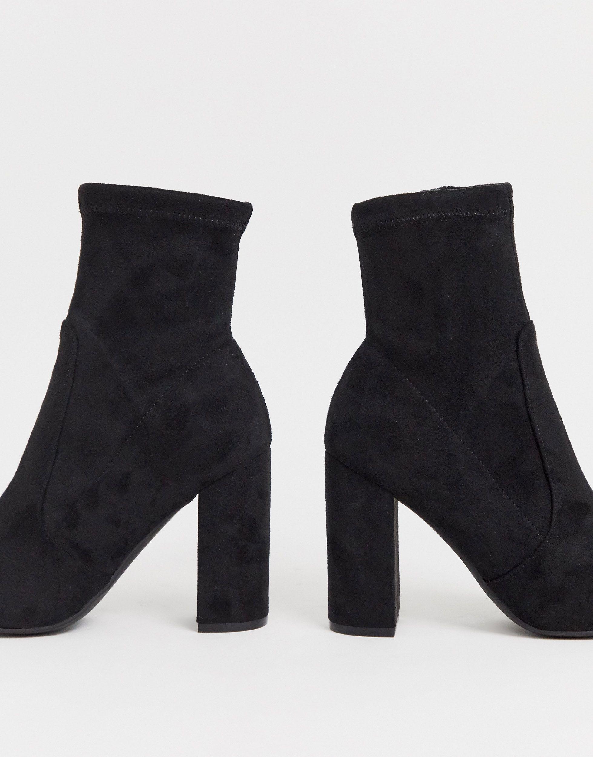 Suede Block Heel Sock Boot in Black 