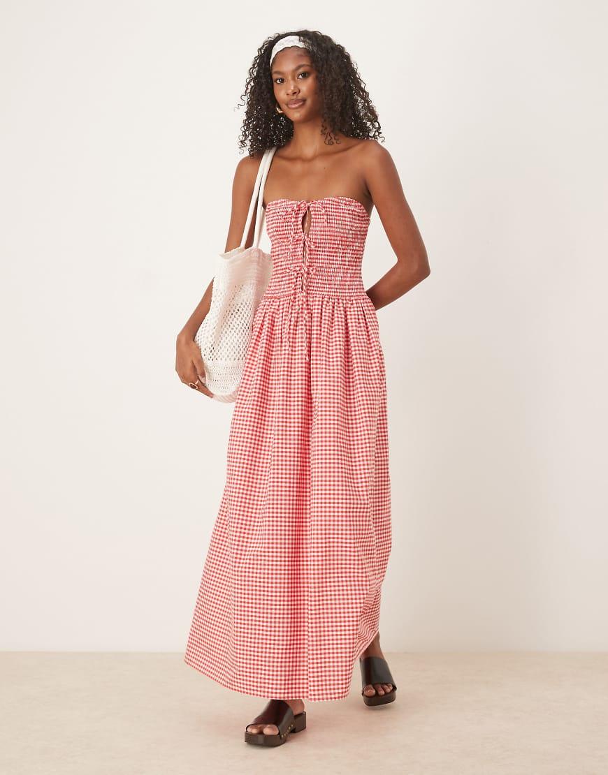 Vestido Largo A Cuadros Vichy Rojos Con Escote Palabra De Honor