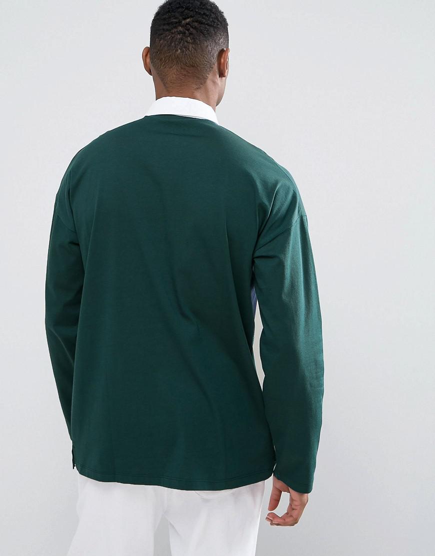 ASOS Cotton Oversized Long Sleeve Rugby Polo Shirt With Contrast Panel 