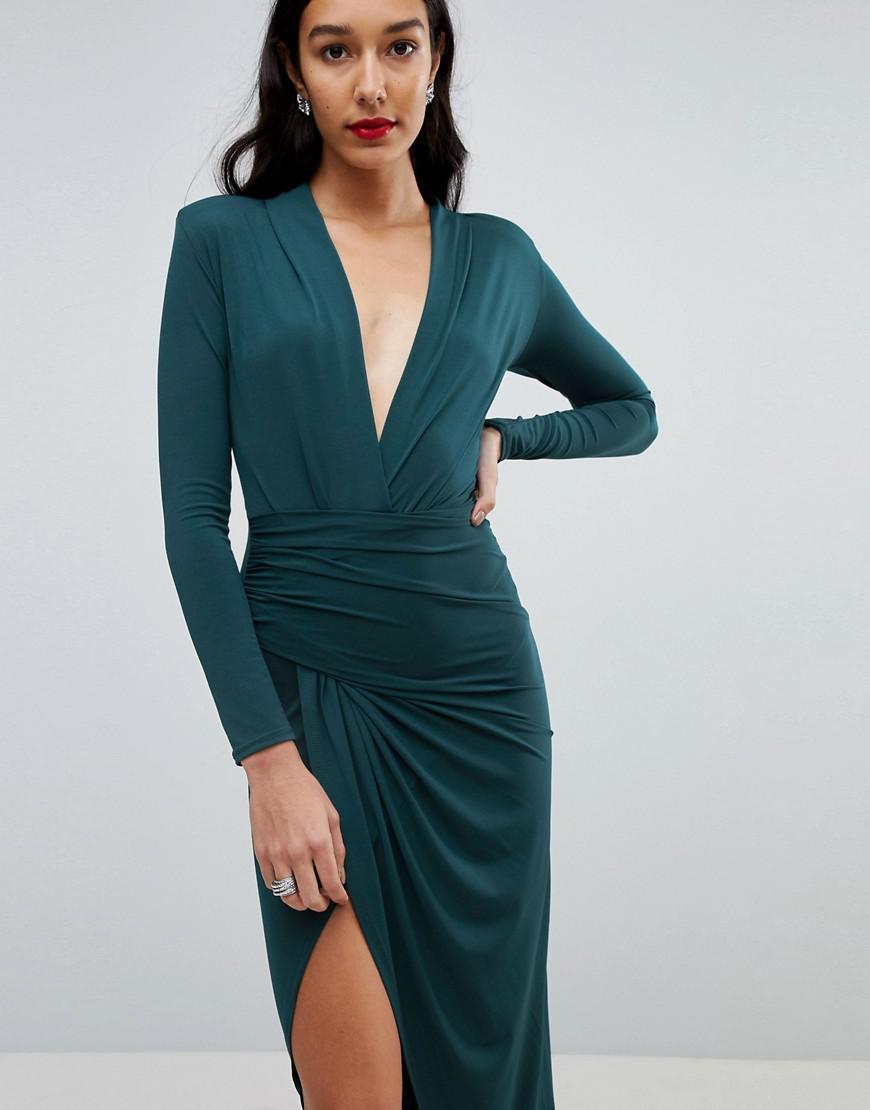John Zack Lace Plunge Front Wrap Maxi Dress in Green - Lyst