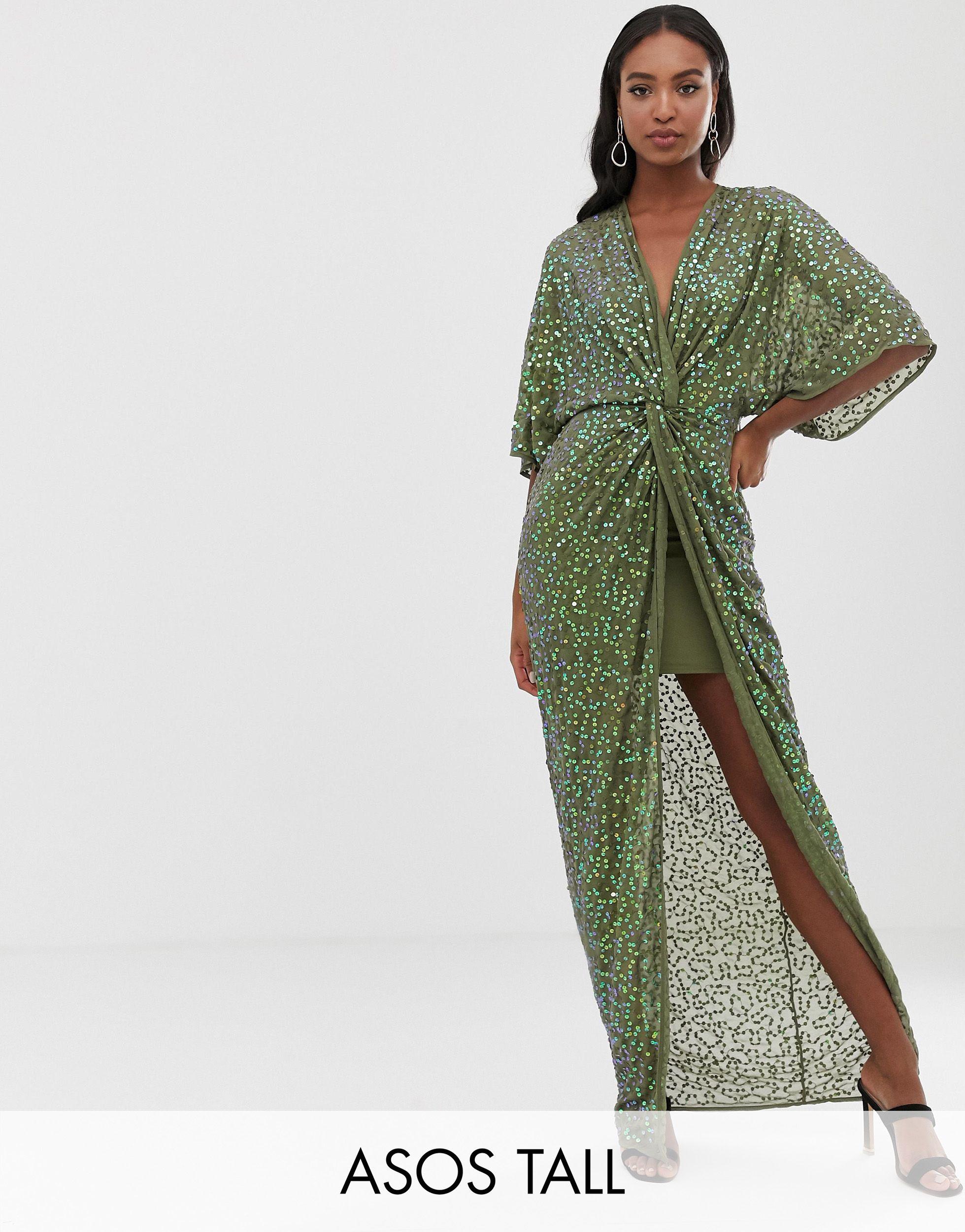 Vestido largo estilo kimono con nudo en parte delantera y lentejuelas dispersas ASOS de Verde |