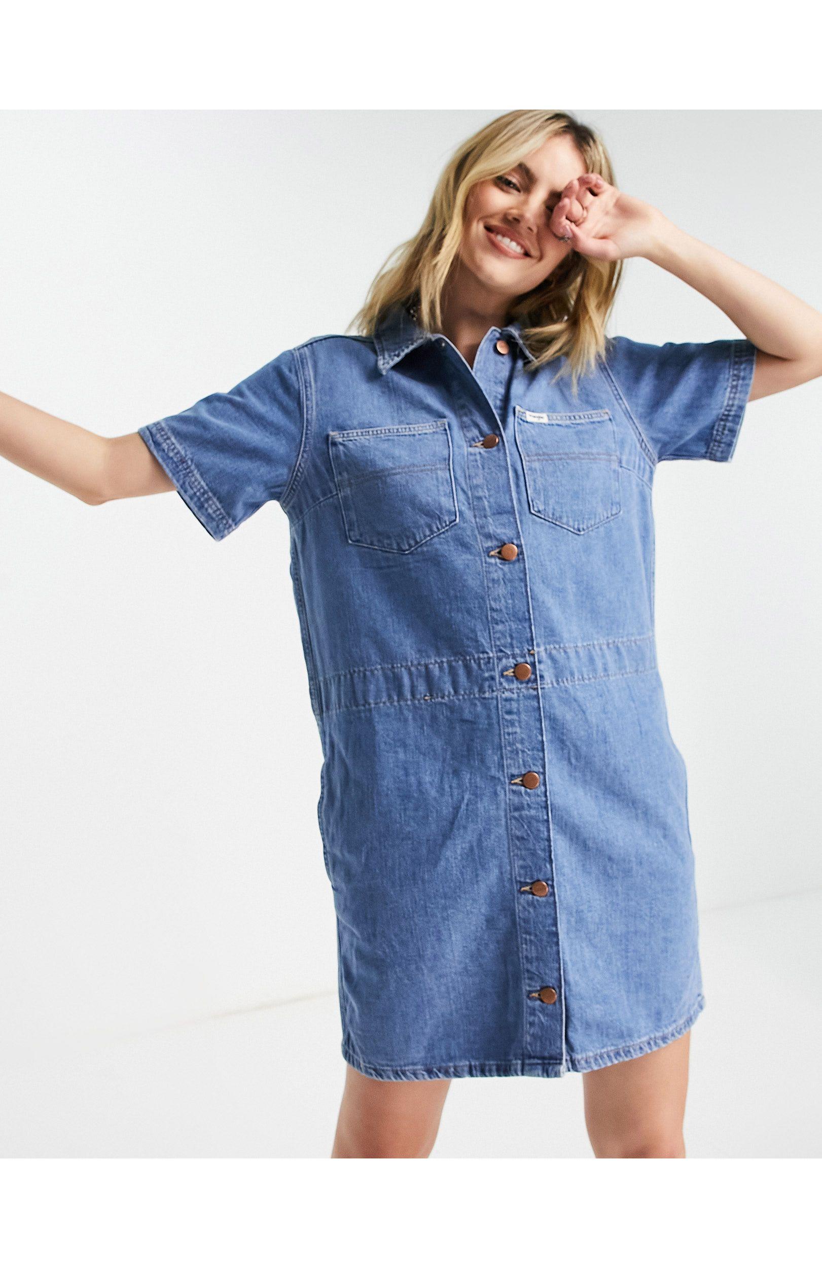 Wrangler Short Sleeve Denim Shirt Dress in Blue | Lyst