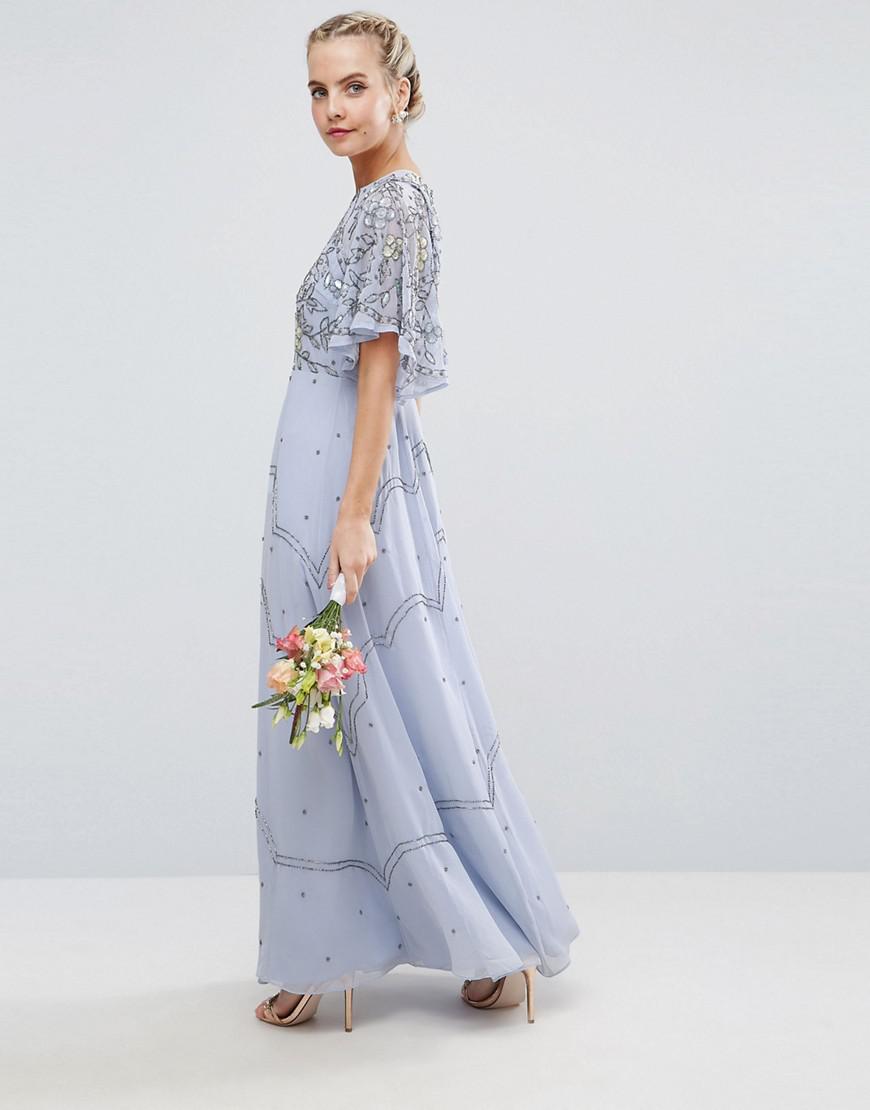 ASOS Synthetic Wedding Embellished Floral Flutter Sleeve Maxi ...