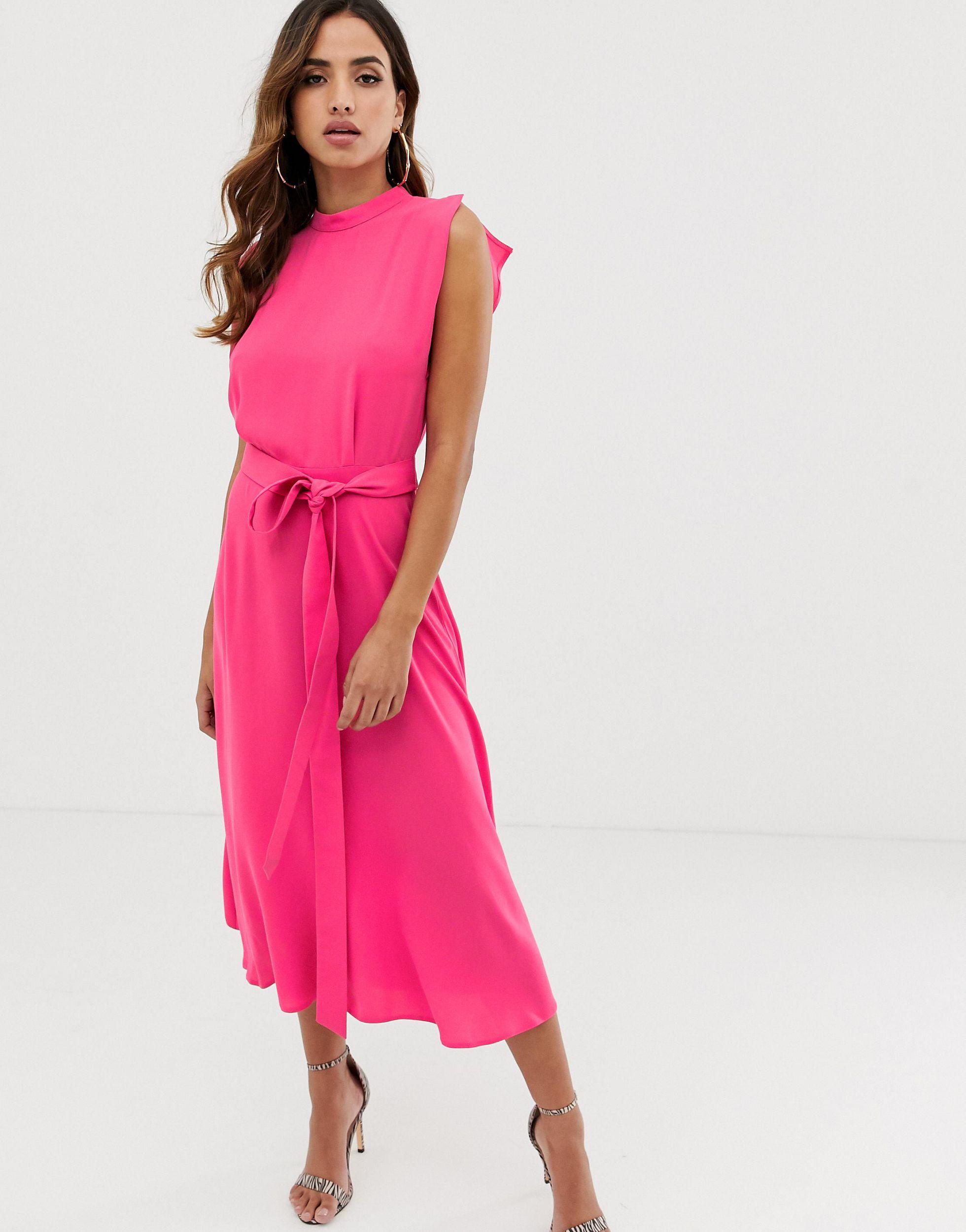 asos design split cap sleeve midi pencil dress with buckle