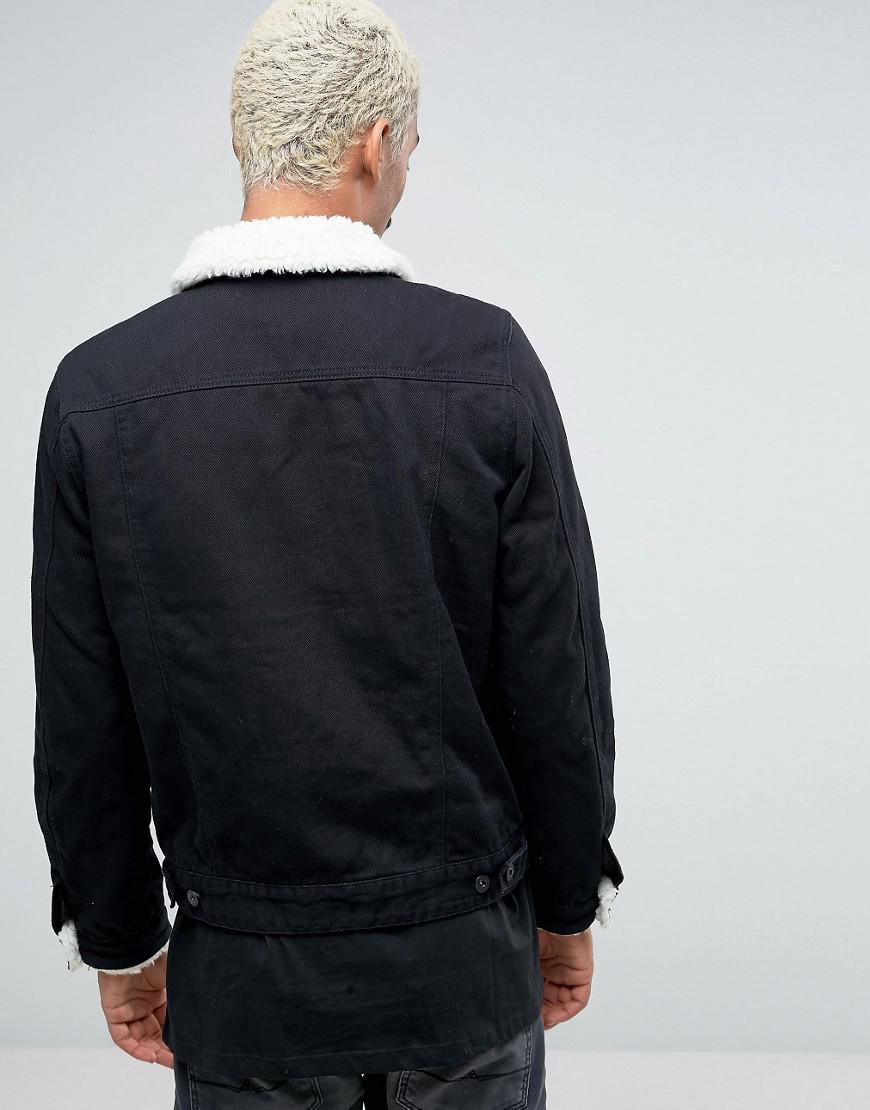 Lyst - ASOS Asos Denim Jacket With Borg Collar In Black ...