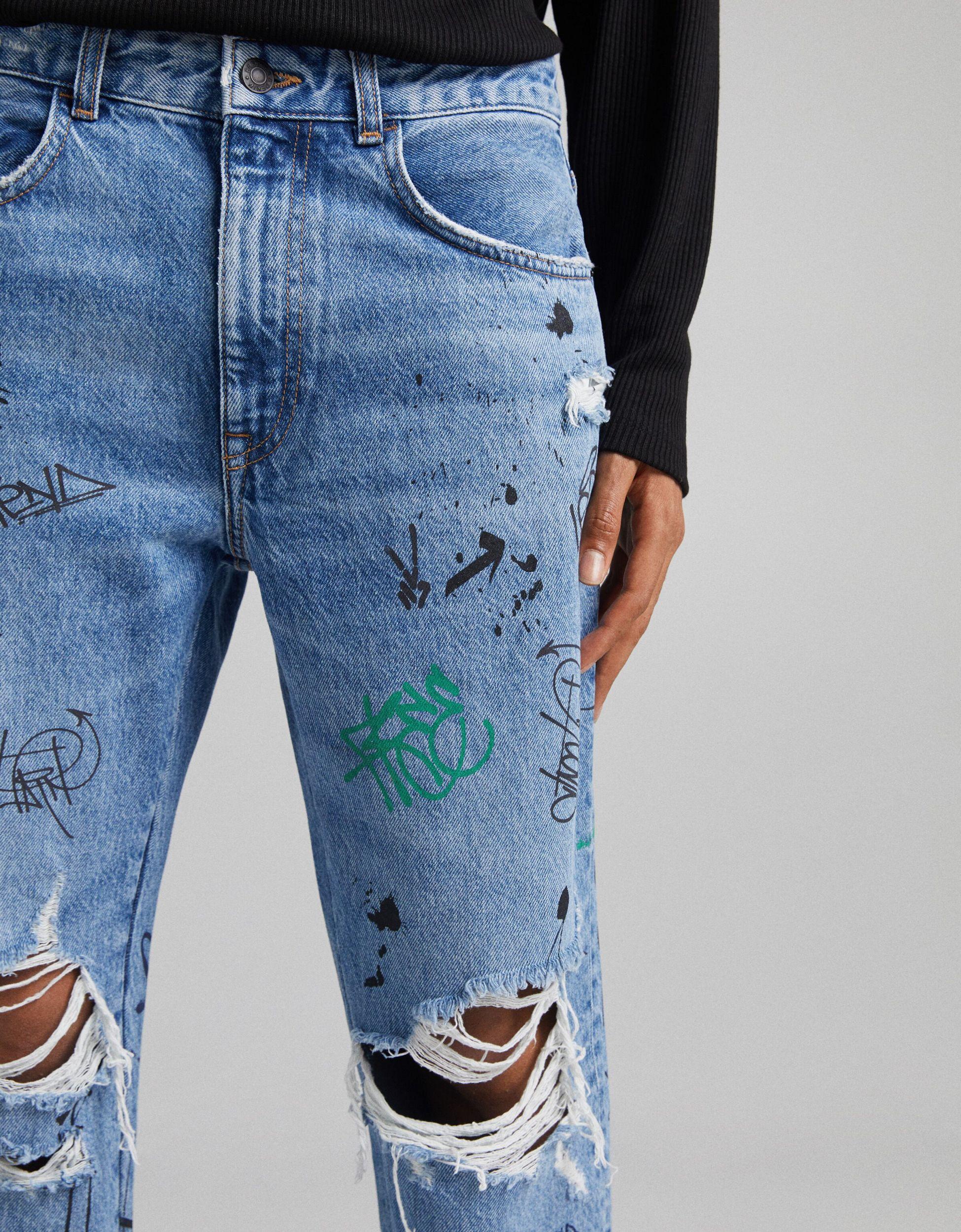 Bershka Denim Straight Ripped Jeans 