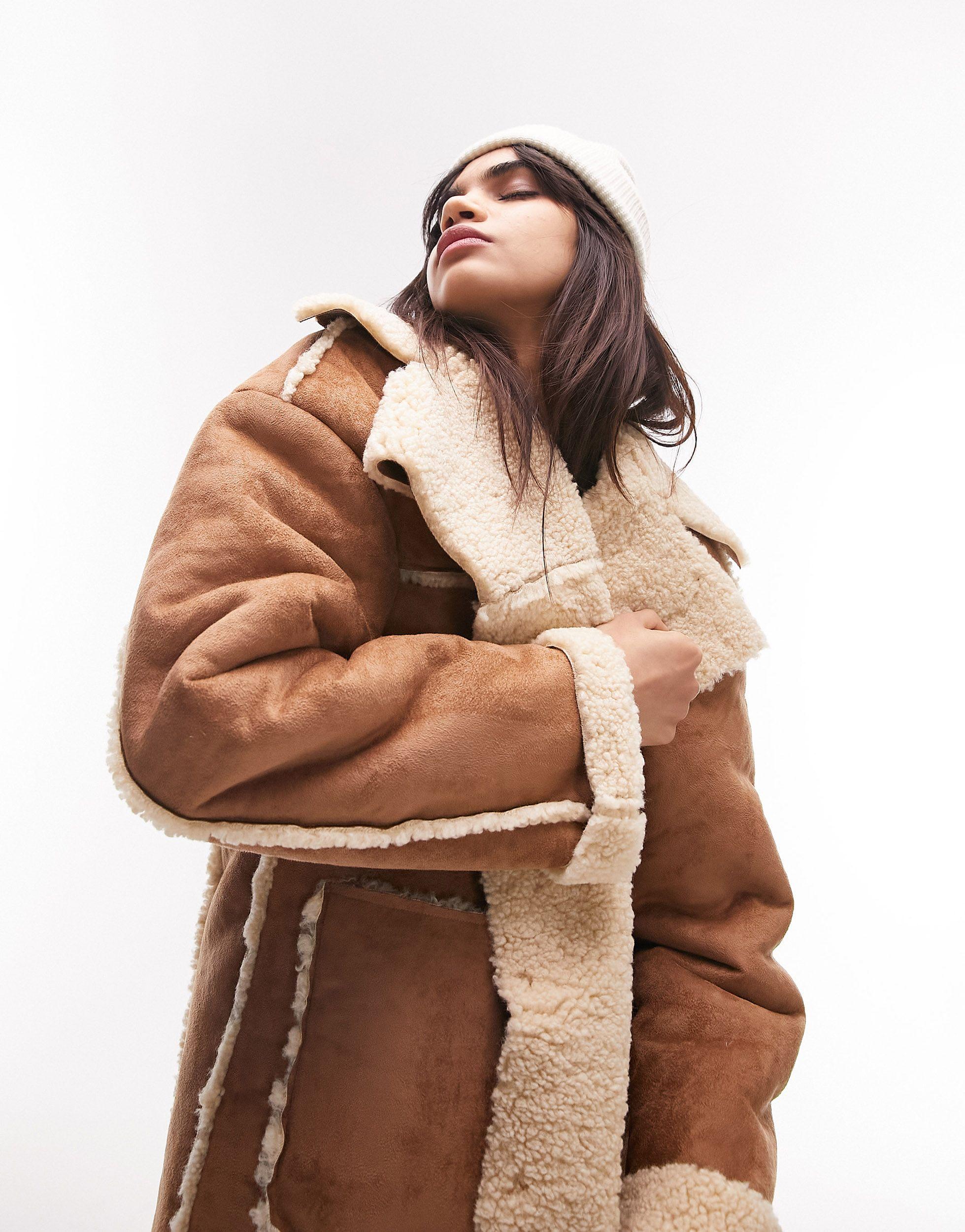 Faux Shearling Longline Coat in Brown Lyst UK