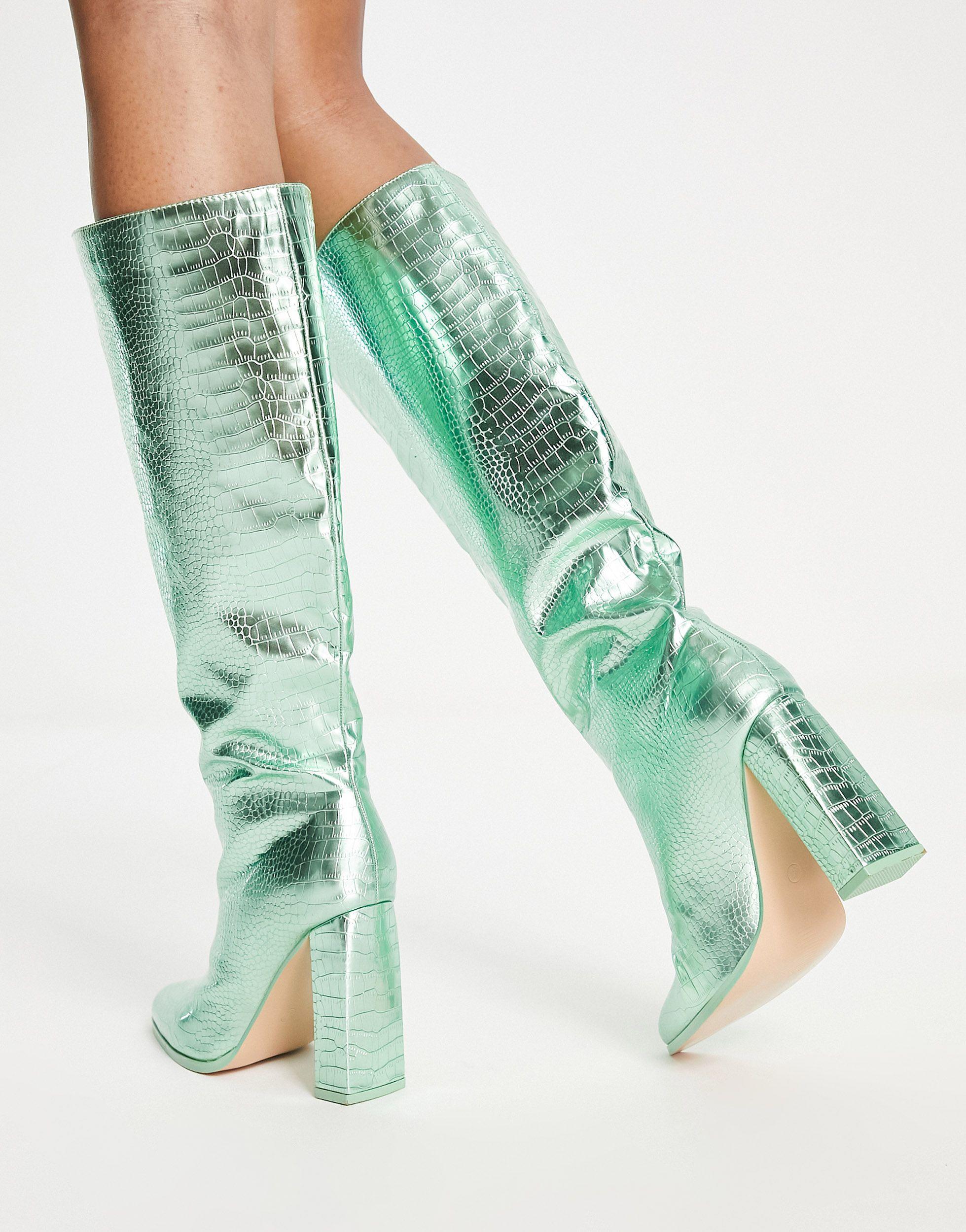 Public Desire Exclusive Posie Heeled Knee Boots in Green | Lyst