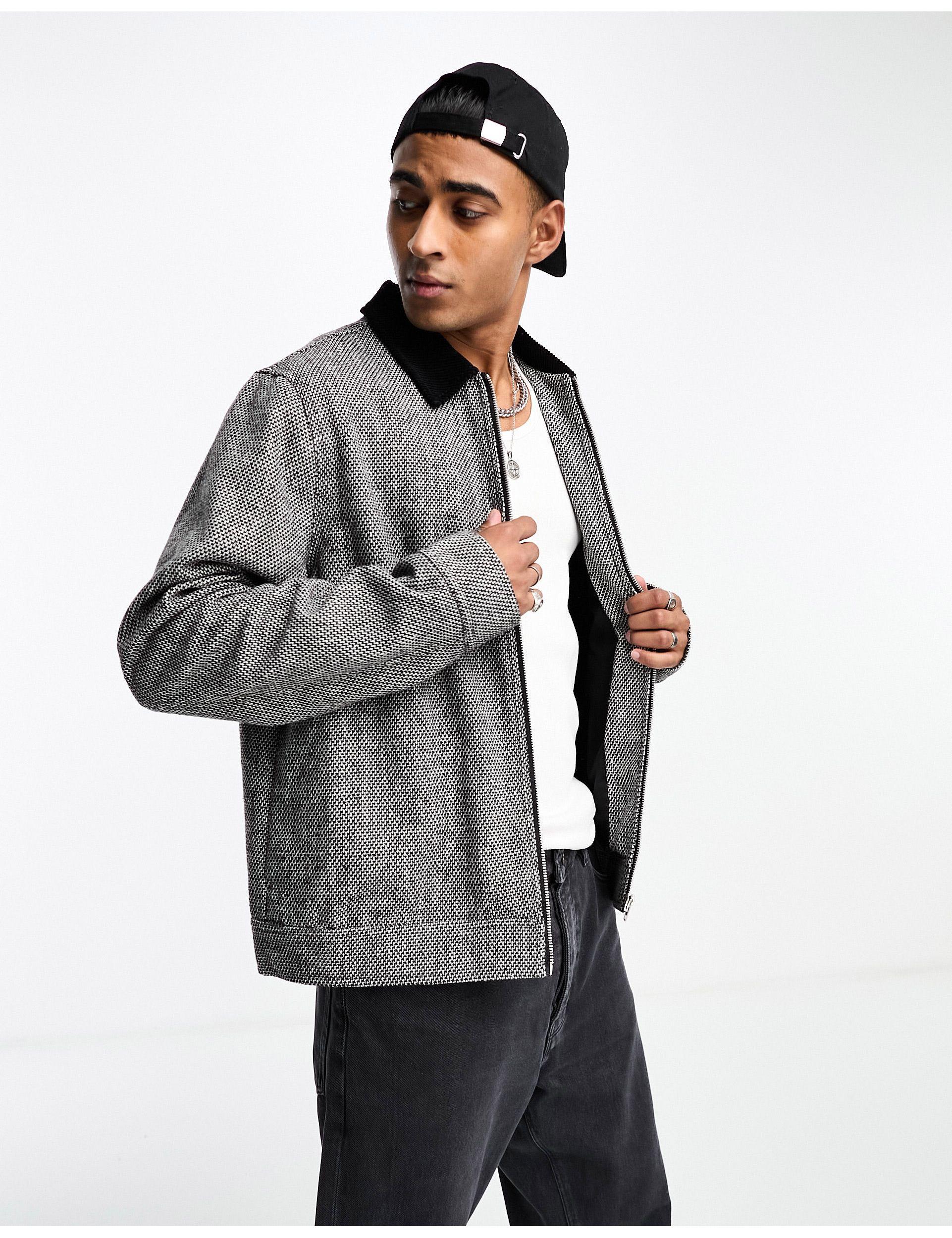 ASOS Wool Look Textured Harrington Jacket With Cord Collar in Gray for ...