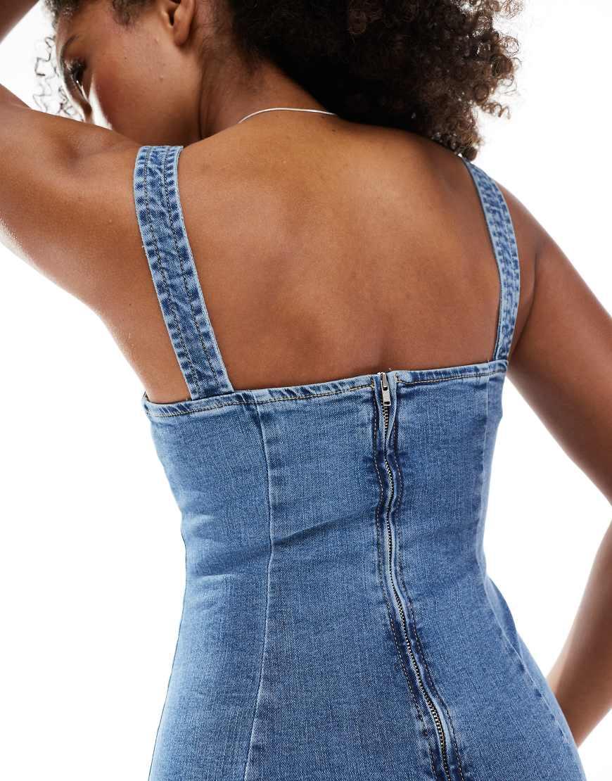 bershka denim dress long Bershka strappy denim maxi dress in blue wash