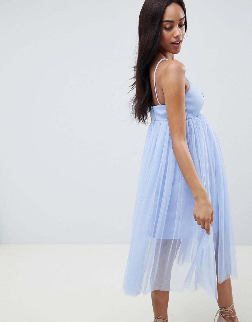 asos design premium scuba pinny midi tulle dress