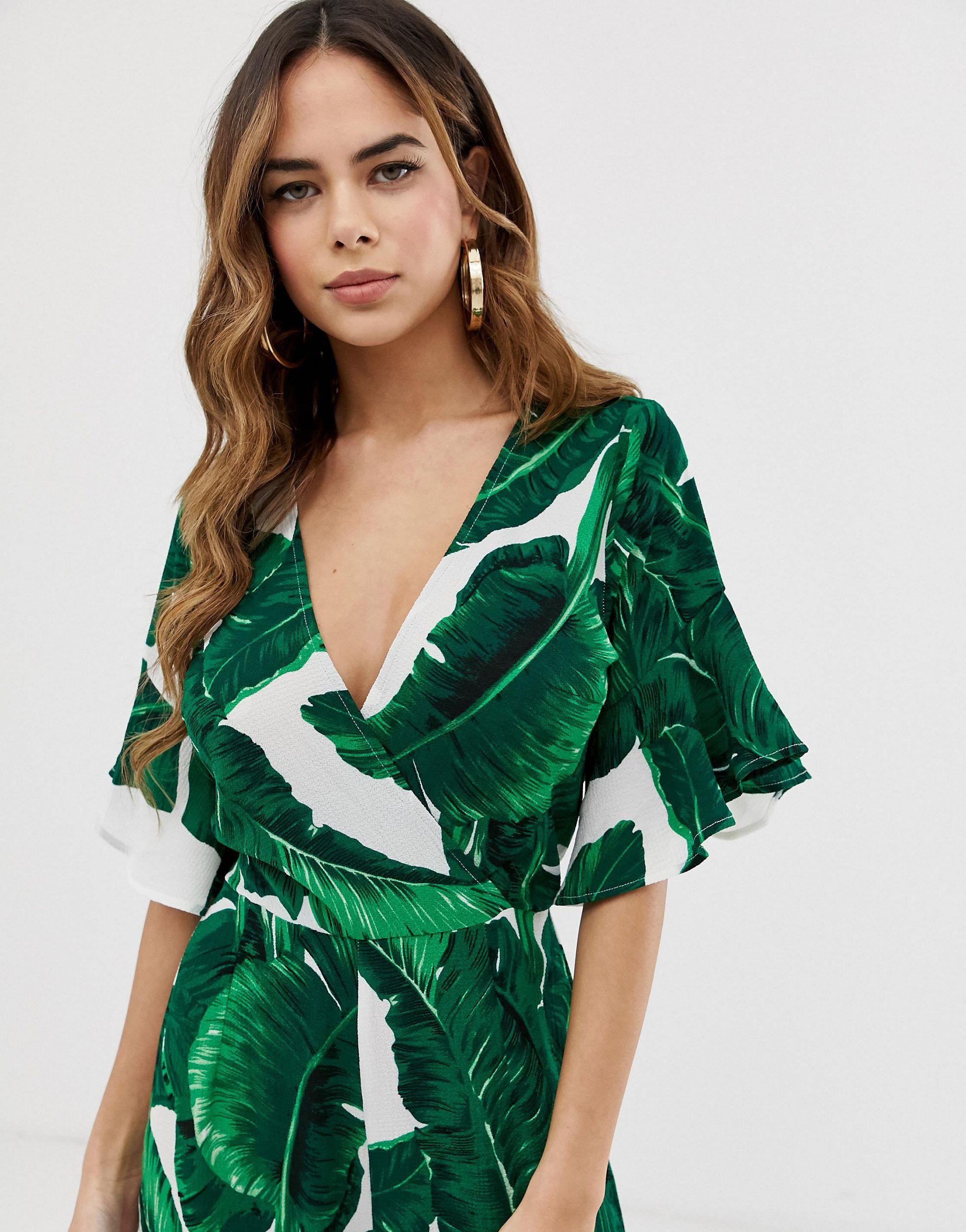 AX Paris Leaf Print Jumpsuit in Green | Lyst
