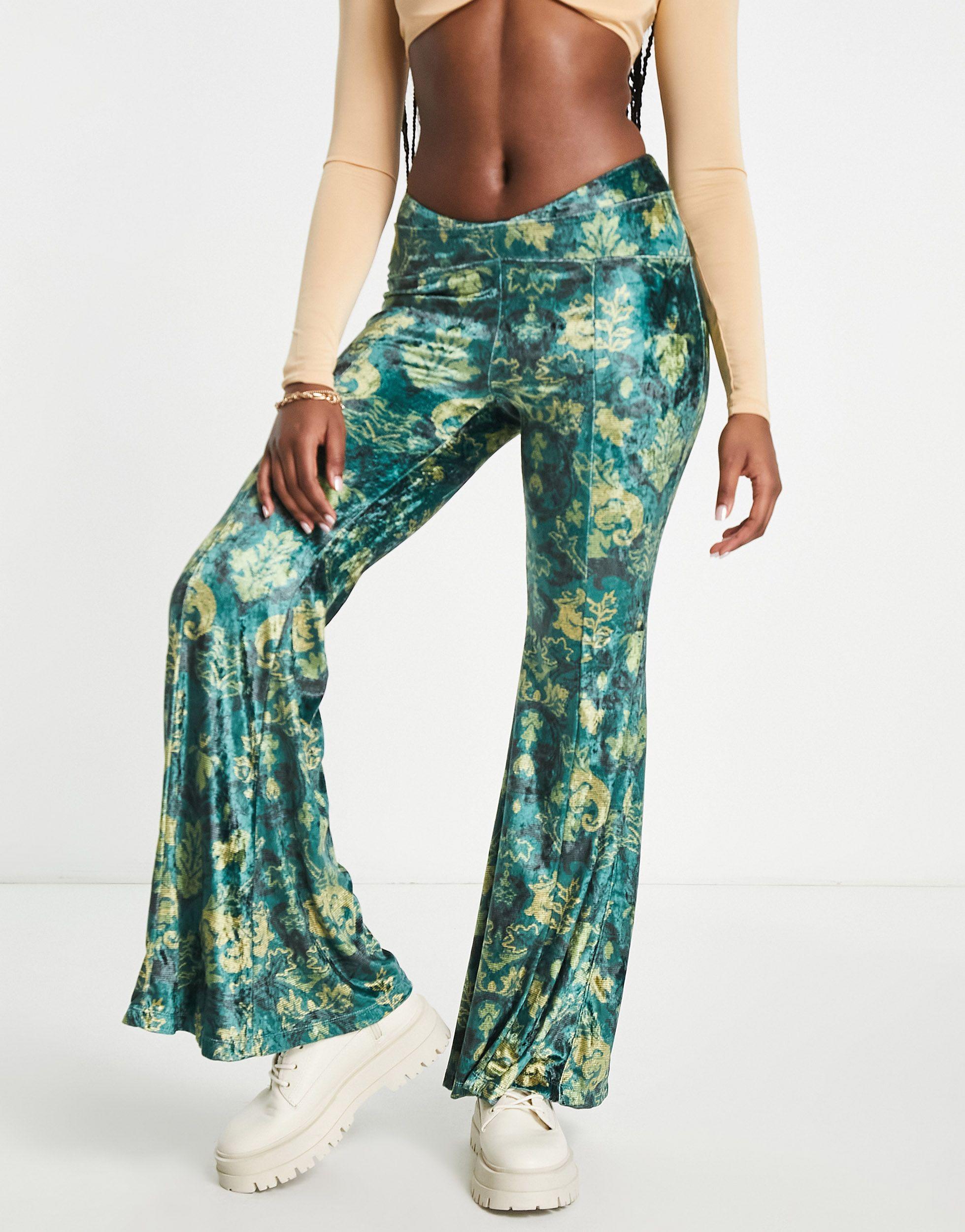 Free People Paisley Print Velvet Low Rise Flares in Green | Lyst