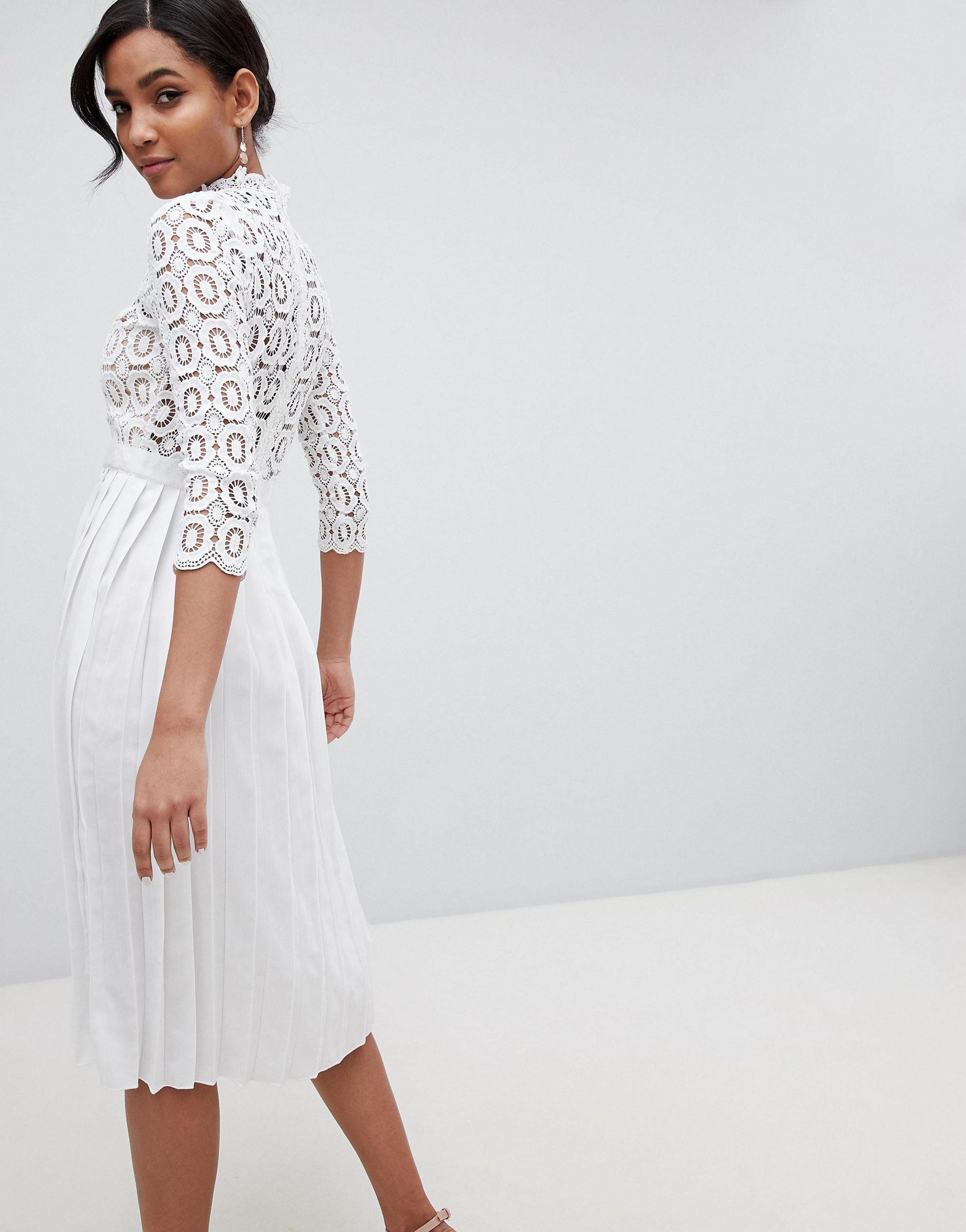 Little Mistress 3/4 Sleeve Lace Top Pleated Midi Dress in White | Lyst