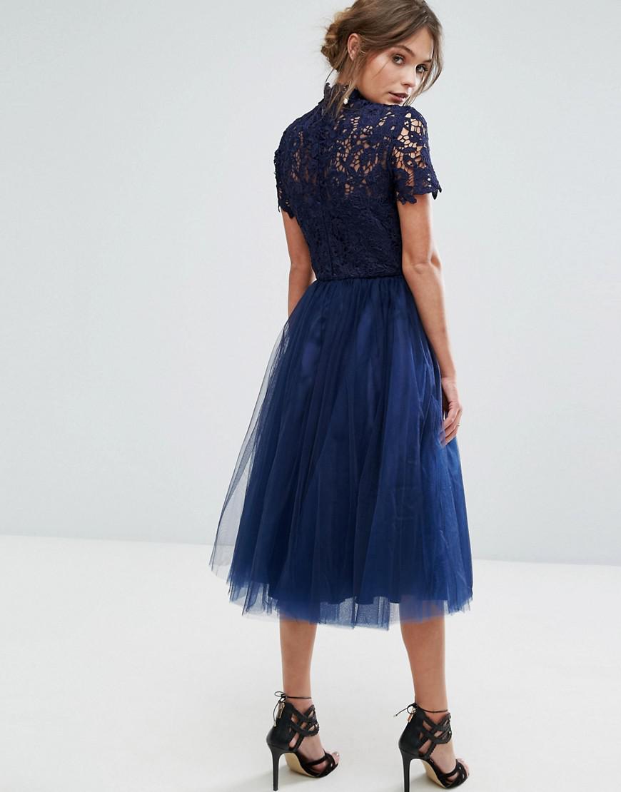 Chi Chi London High Neck Lace Midi Dress With Tulle Skirt in Blue | Lyst