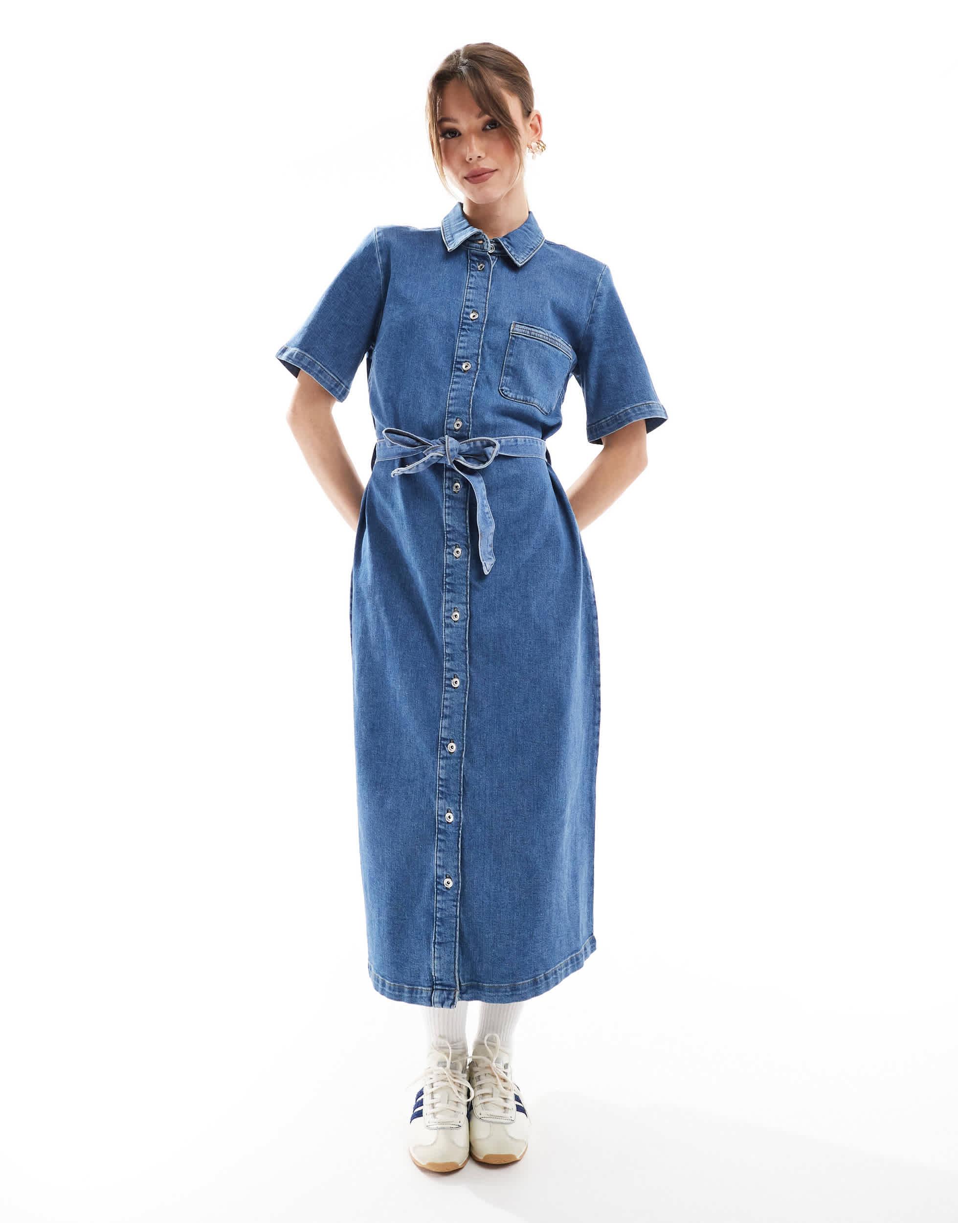 tie waist denim dress Tie Waist Denim Dress - Medium Wash