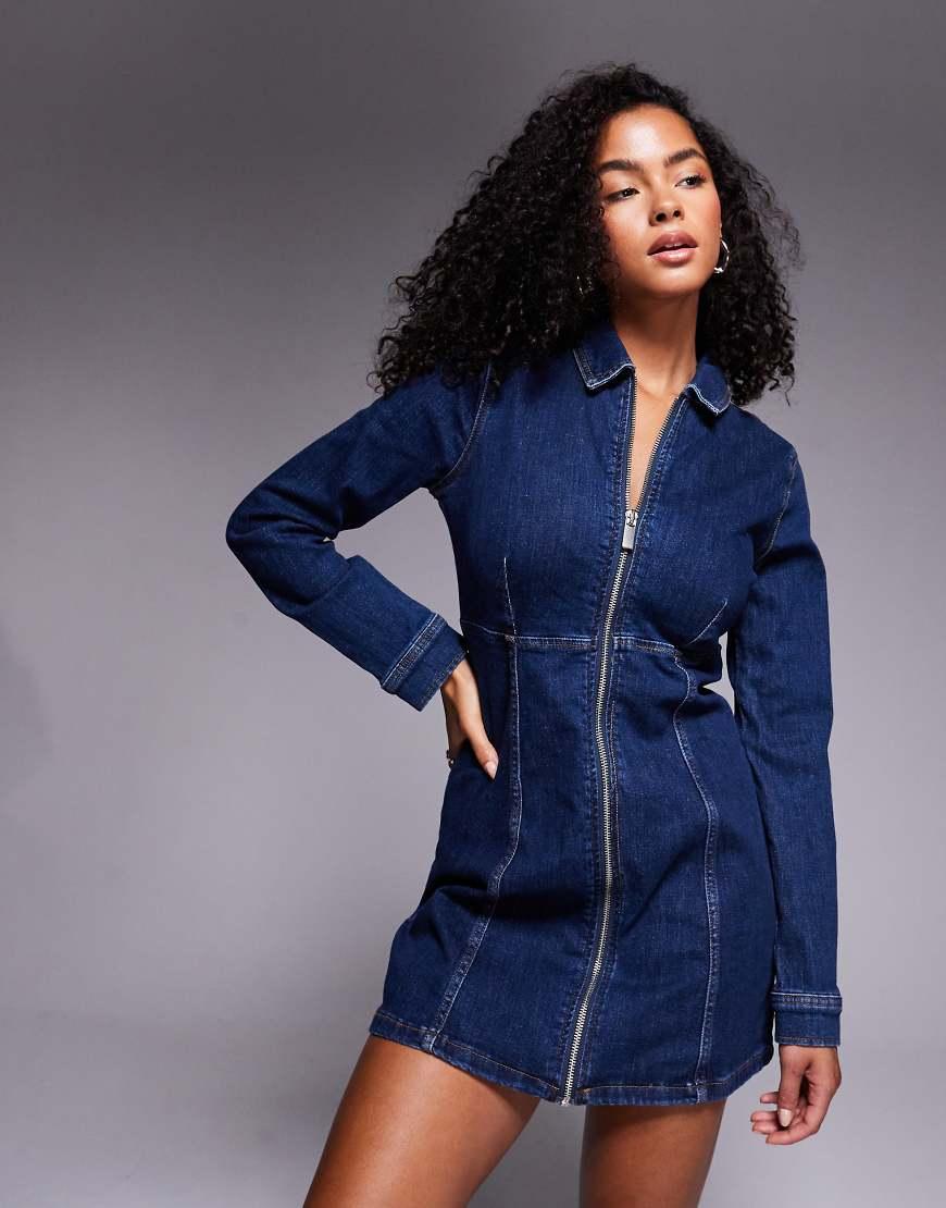 river island blue denim dress Petite Blue Denim Zip Front Mini Dress