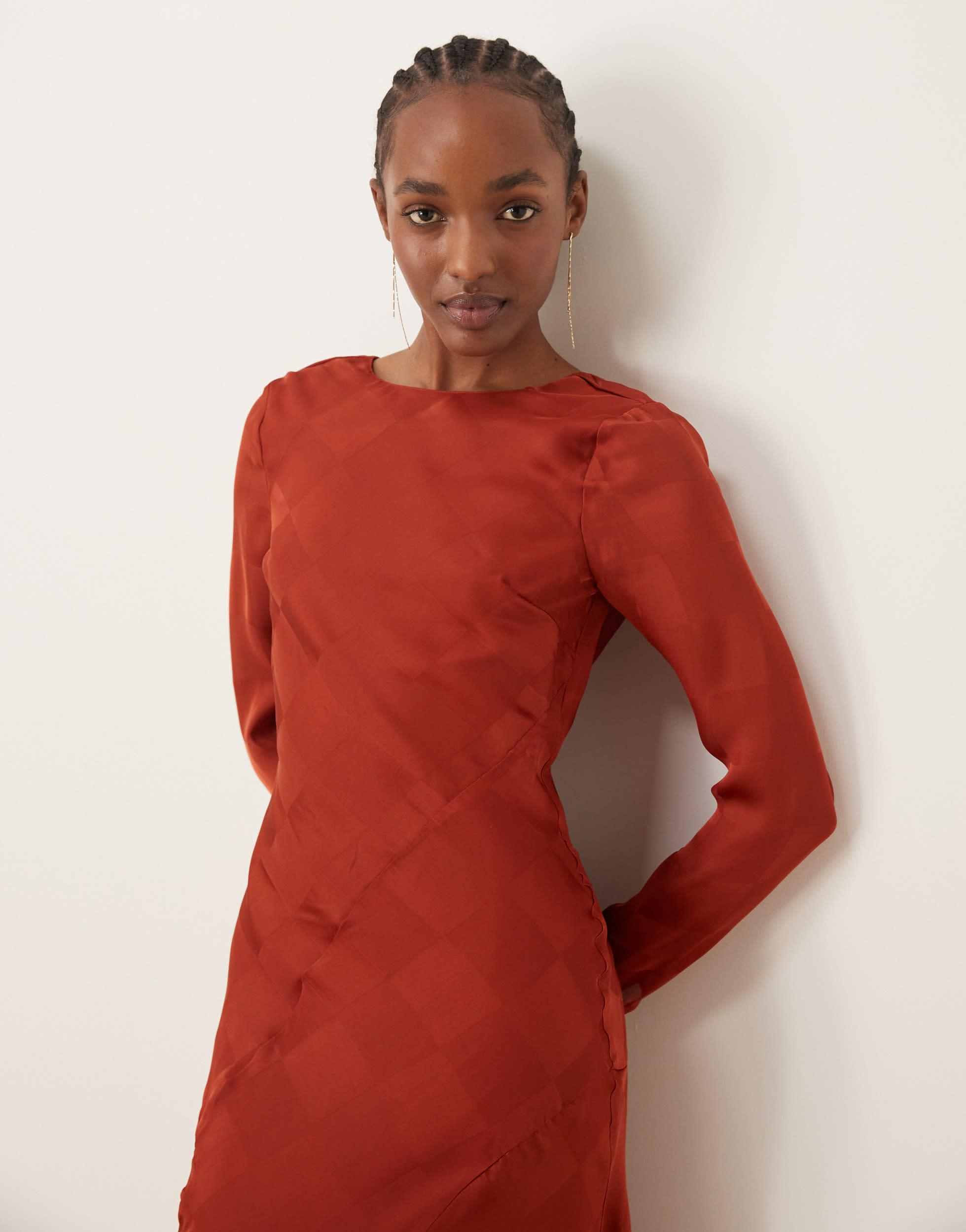 ASOS Long Sleeve High Neck Check Satin Midi Dress in Red | Lyst