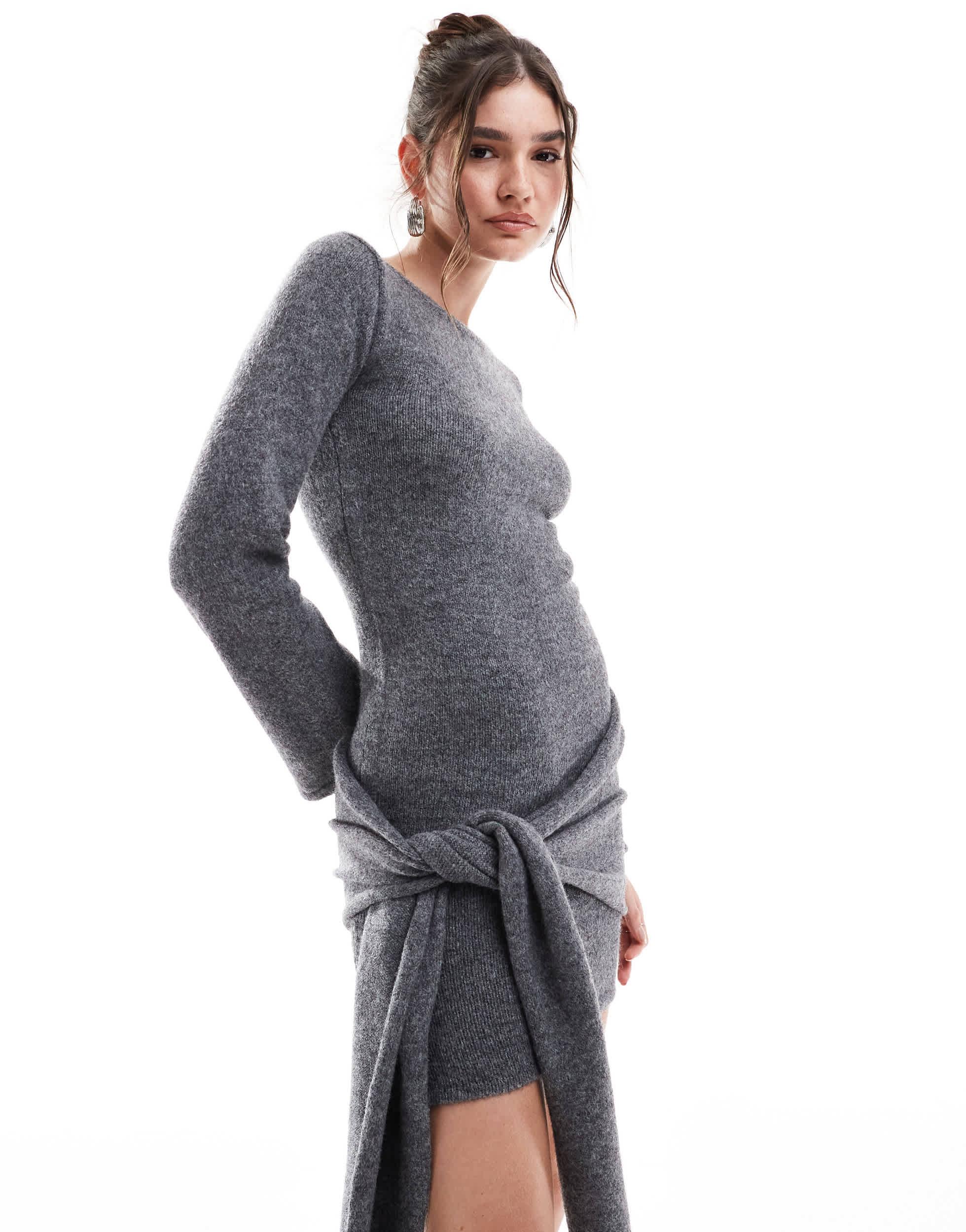 4th & Reckless Knitted Wide Sleeve Knot Detail Mini Jumper Dress in Gray |  Lyst