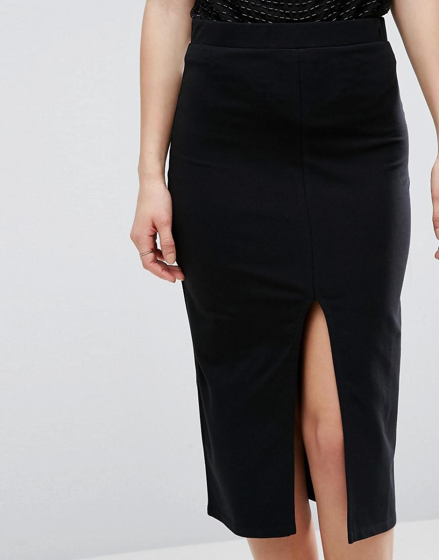 ASOS Cotton Pencil Skirt With Front Split in Black - Lyst