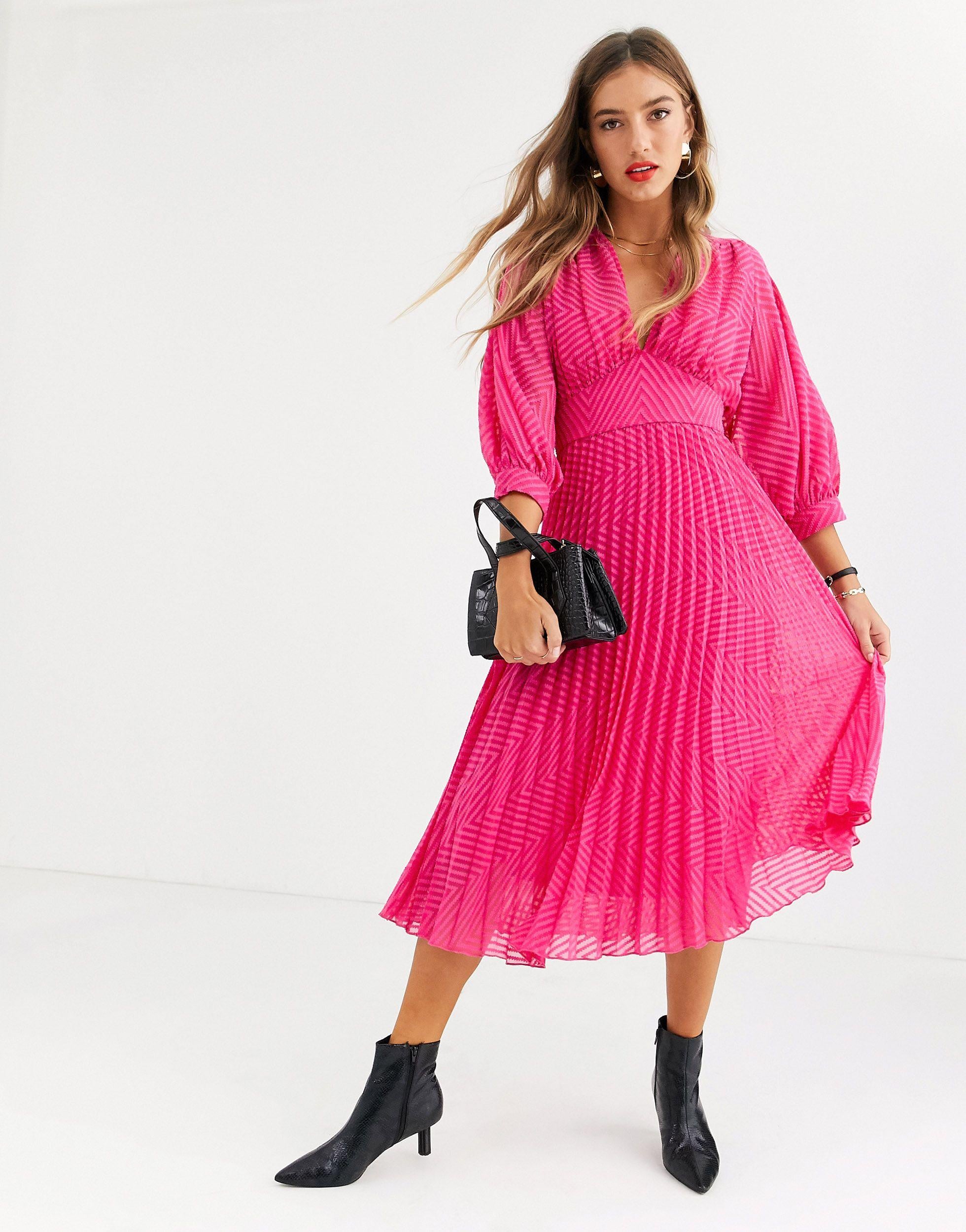 ASOS Synthetic Pleated Batwing Midi Dress in Pink - Save 2% - Lyst