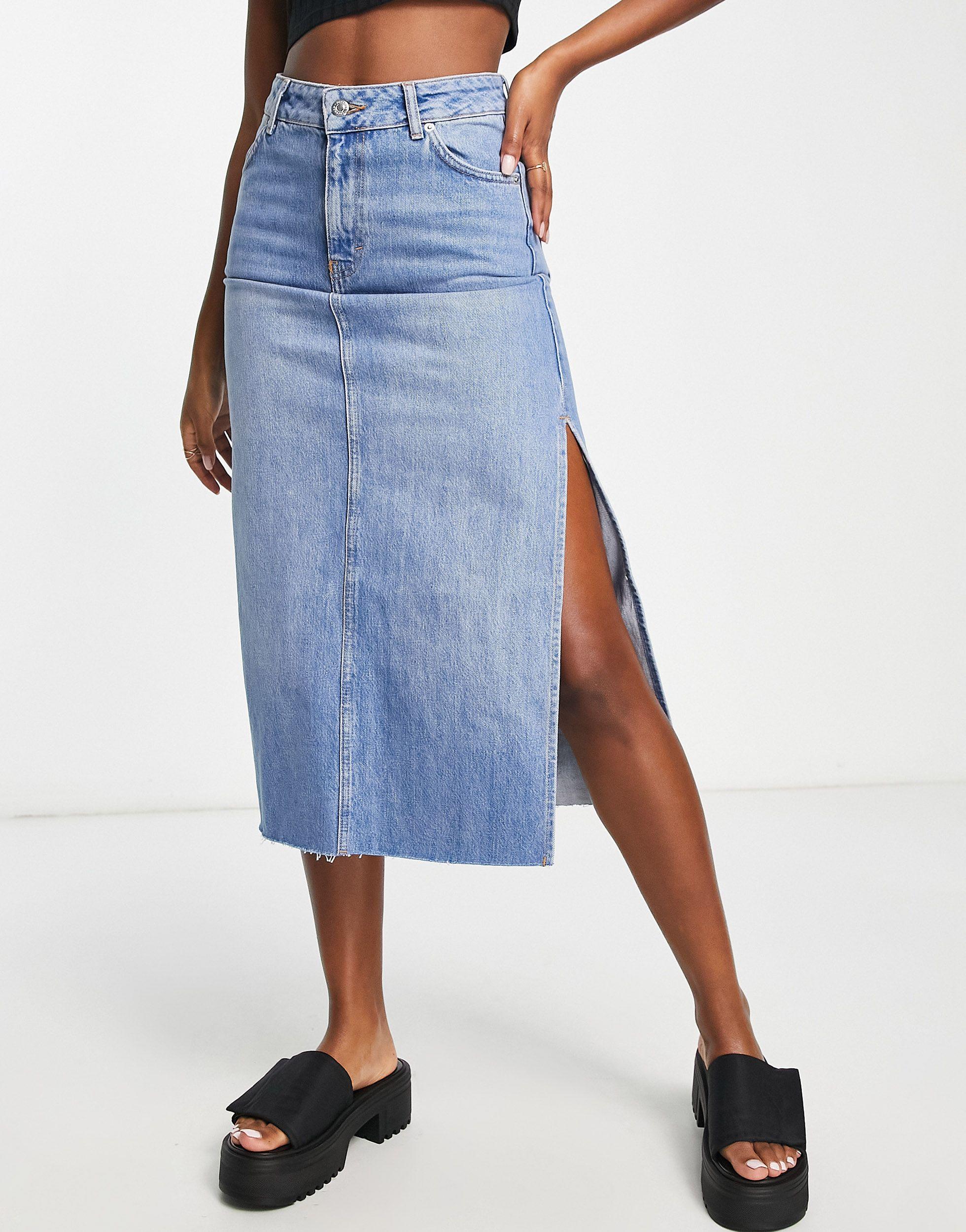 TOPSHOP Split Midi Skirt in Blue | Lyst