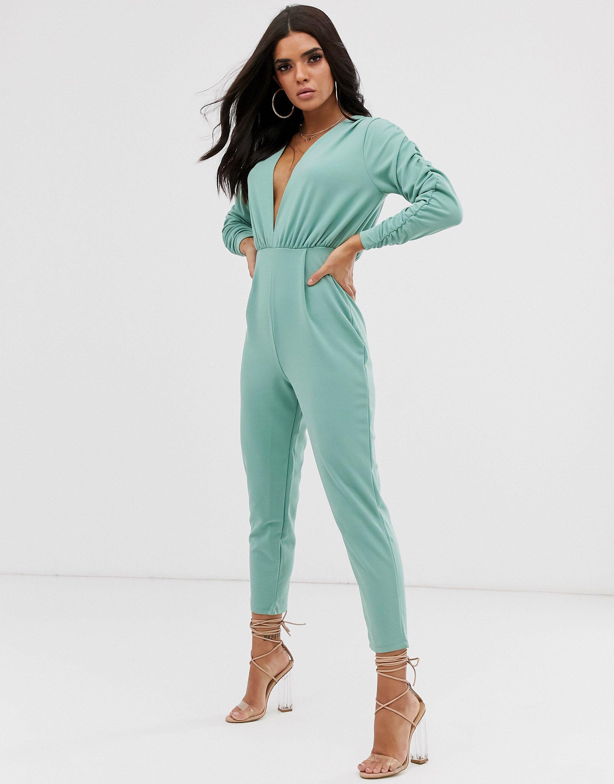 ASOS Synthetic Deep Plunge Jumpsuit With Gathered Sleeve Detail in ...