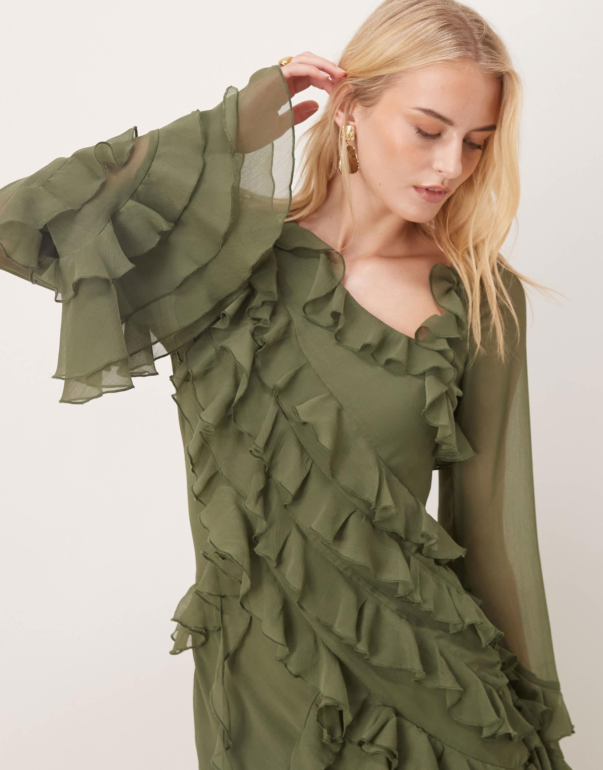 green long sleeve dress asos ASOS DESIGN satin large floral embroidery long sleeve maxi dress in olive green