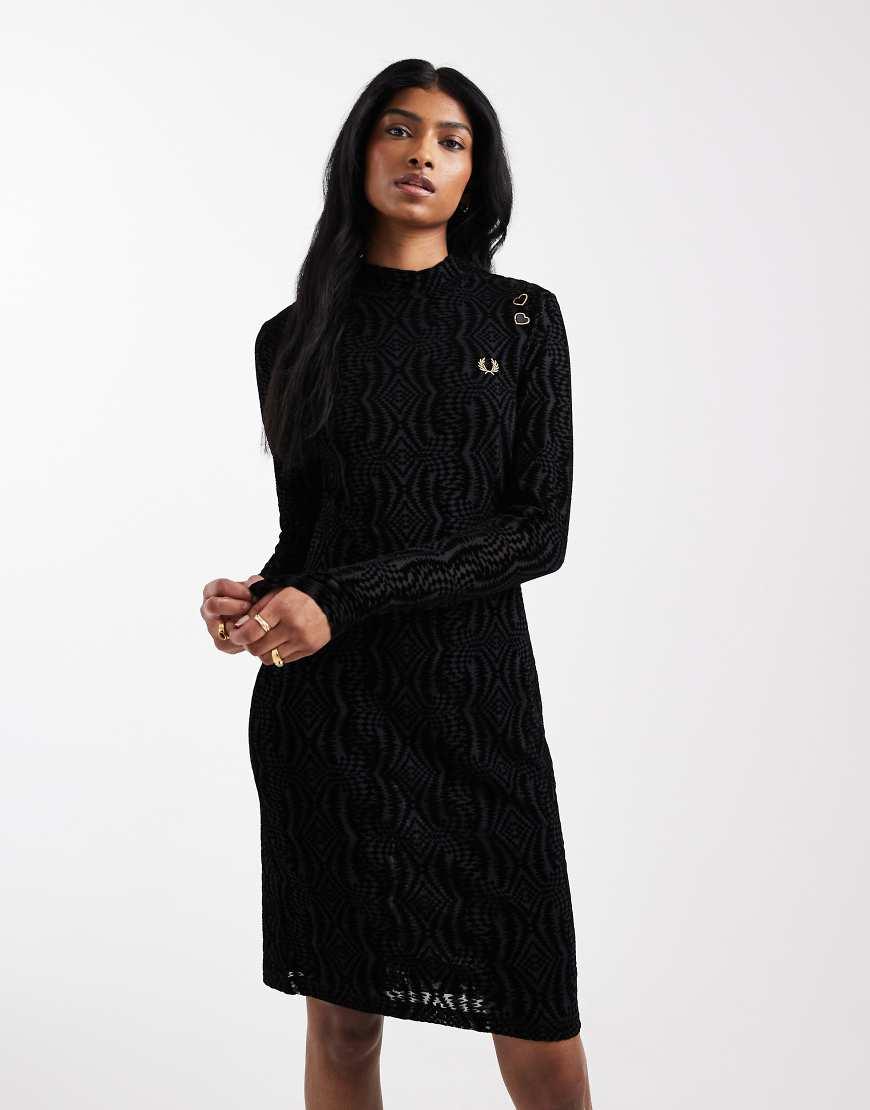 knee length dresses for ladies Fred Perry | Long sleeved rib shirt dress in black main image 1