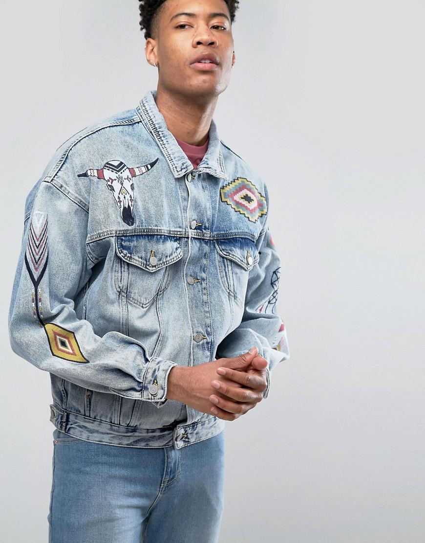 Asos Design Oversized Denim Harrington Jacket In Mid Wash Asos Design Oversized Denim Harrington Jacket In Mid Wash