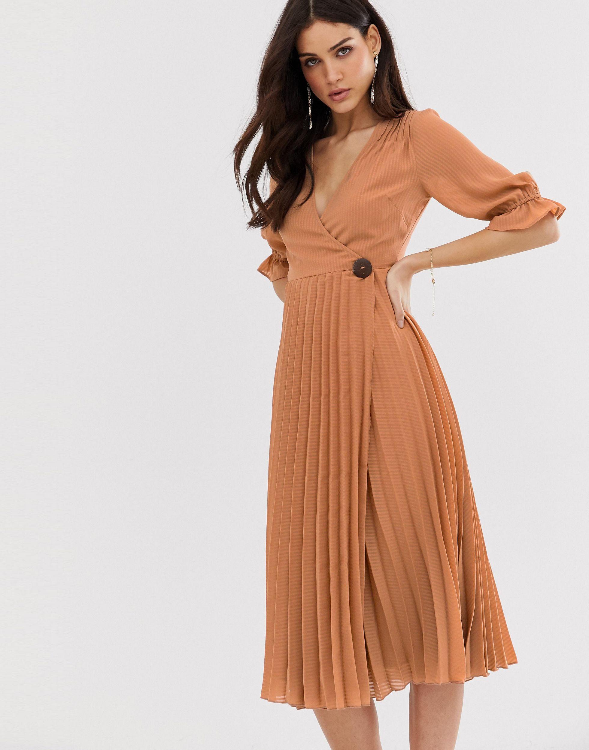 ASOS Synthetic Pleated Wrap Midi Dress in Pink - Lyst