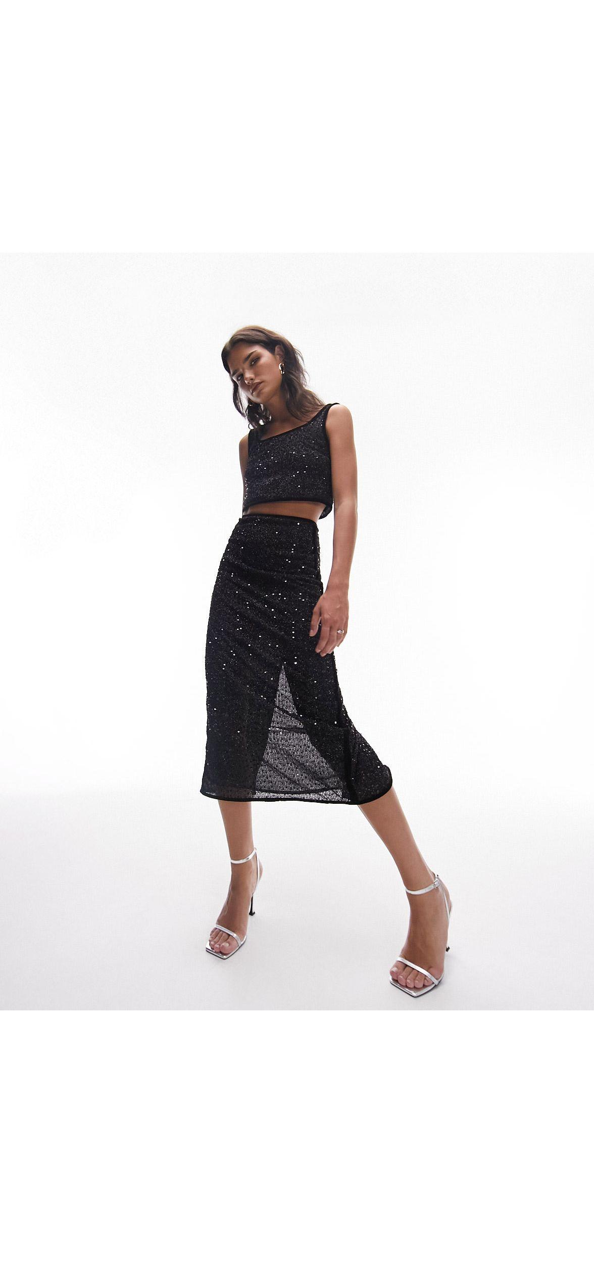 TOPSHOP Co ord Sequin Midi Skirt in Black Lyst UK