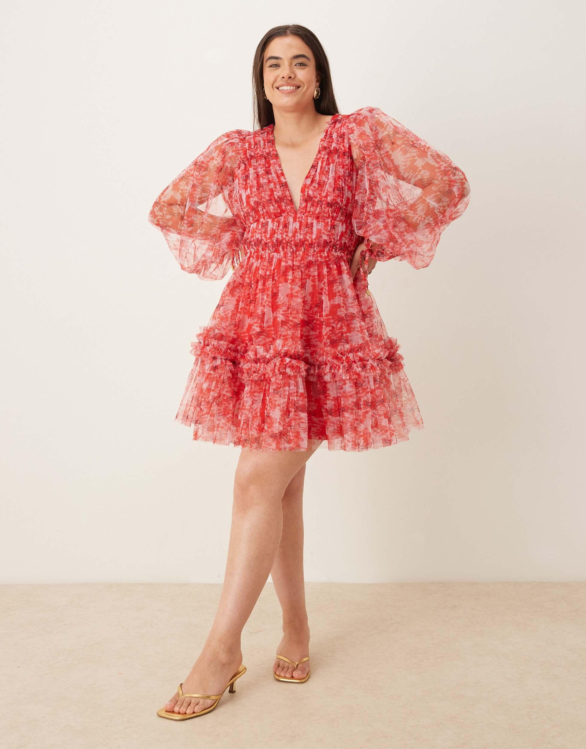 balloon sleeve organza dress Floral Organza Dress with Removable Puff Sleeves Made to Measure