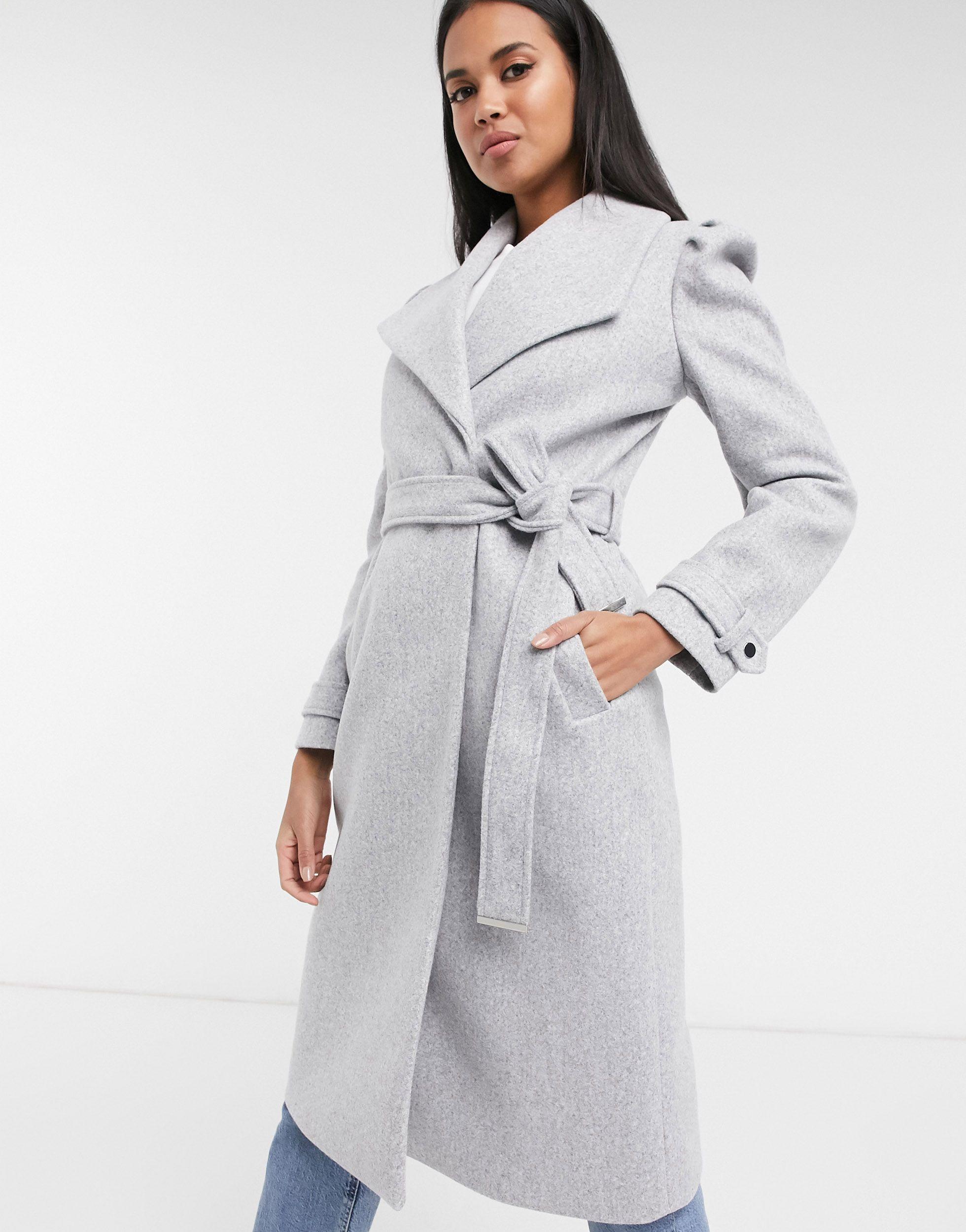 River Island Puff-sleeved Belted Robe Coat in Gray | Lyst