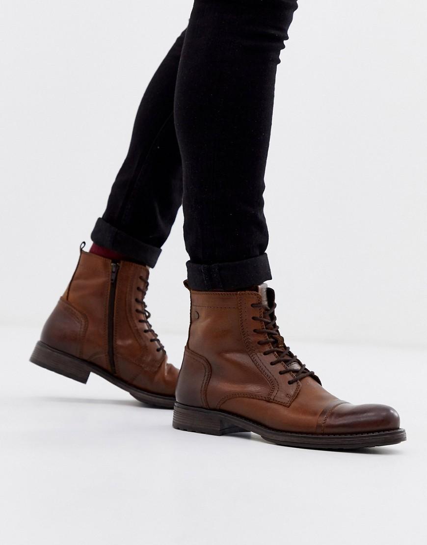Jack & Jones Lace Up Leather Boot in Brown for Men | Lyst