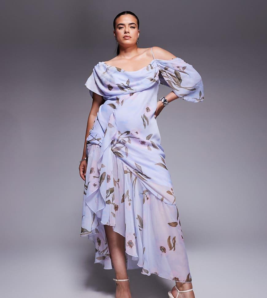 ASOS Asos Design Curve Cowl Neck Bias Midaxi Dress With Asymmetric Pephem in Purple