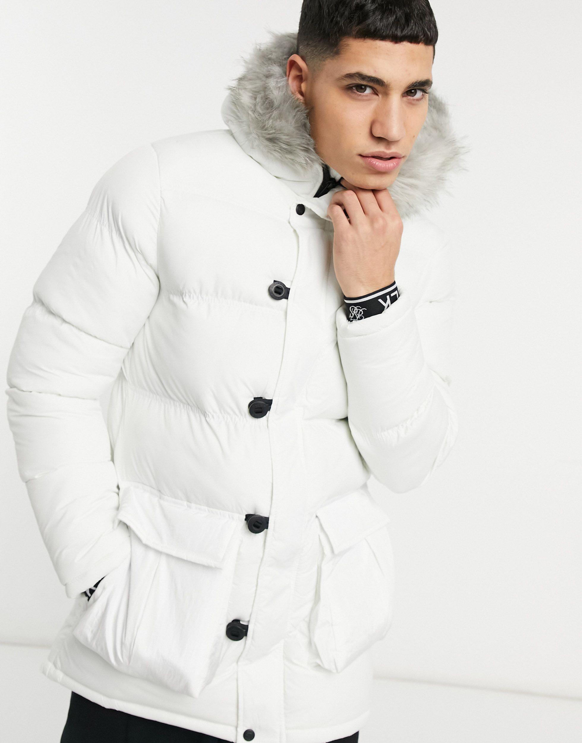 SIKSILK Puffer Parka Jacket With Faux Fur Hood In White For