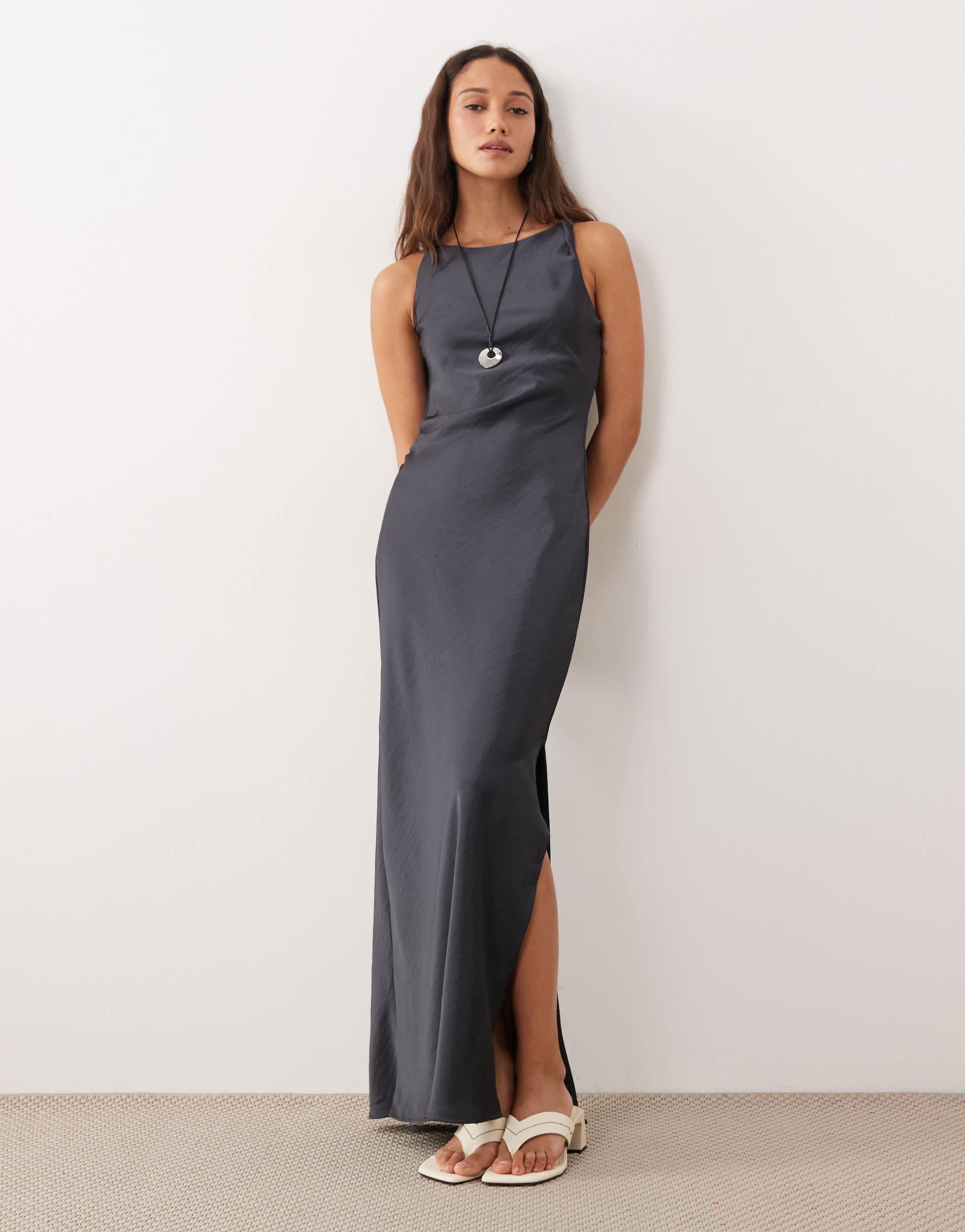 slim fit dress slacks Dark Grey Shiny Satin Long Sleeves Side Slit Prom Dresses ,CP0296 US8 / As Pic