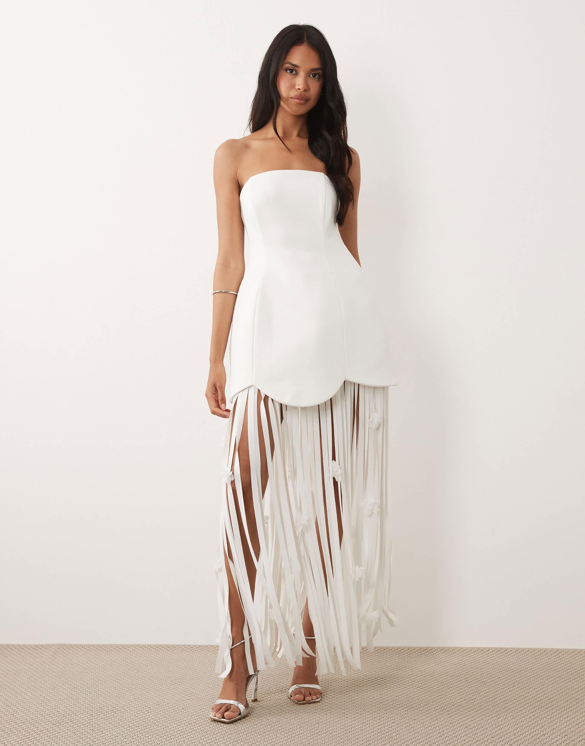 izabel beaded fringe strapless mini dress - white Applique Beaded Long Prom Dresses | Dusty Pink Chiffon Evening A-Line  Formal Dresses main image 1