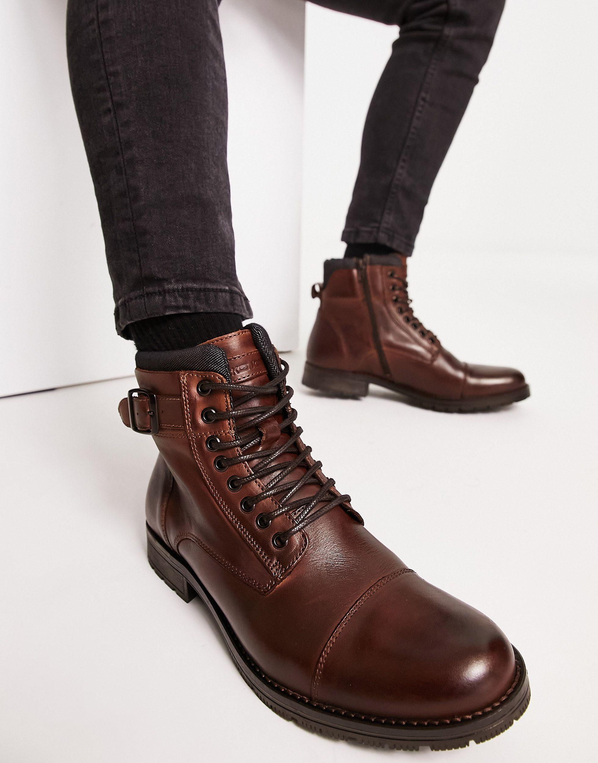 Jack & Jones Leather Lace Up Boot With Cuff in Brown for Men | Lyst