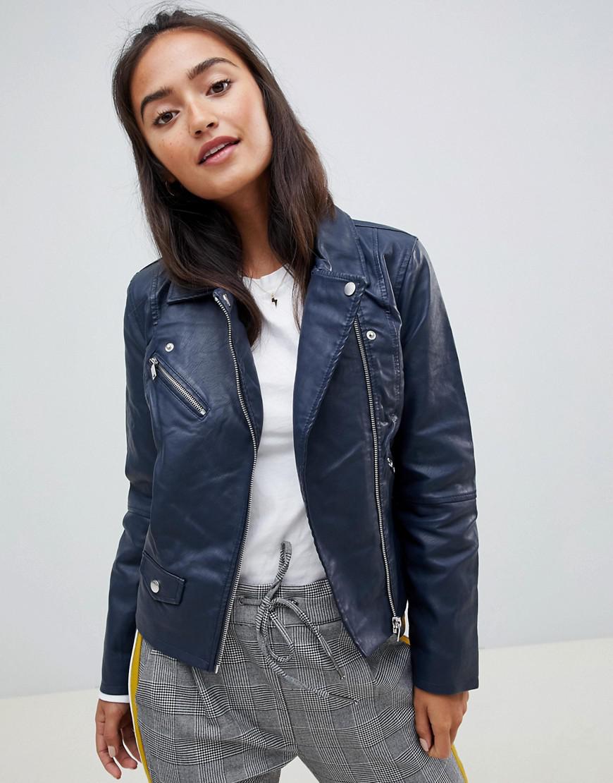 ONLY Denim Summer Faux Leather Biker Jacket in Navy (Blue) - Lyst