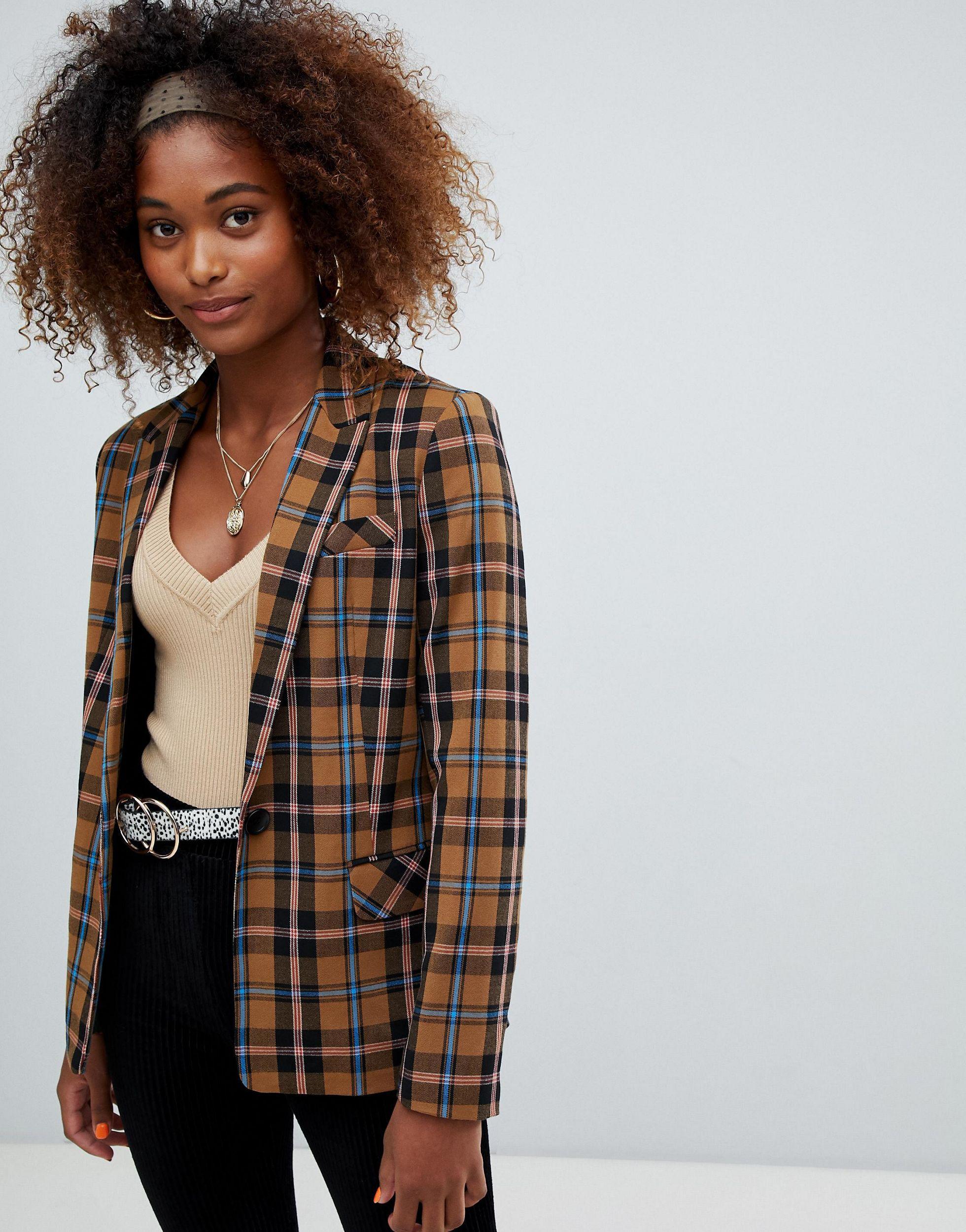 Bershka Denim Check Print Blazer in Brown | Lyst