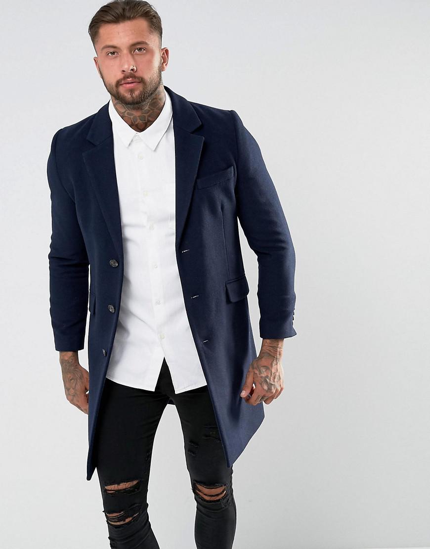 ASOS Asos Wool Mix Overcoat In Navy in Blue for Men - Lyst