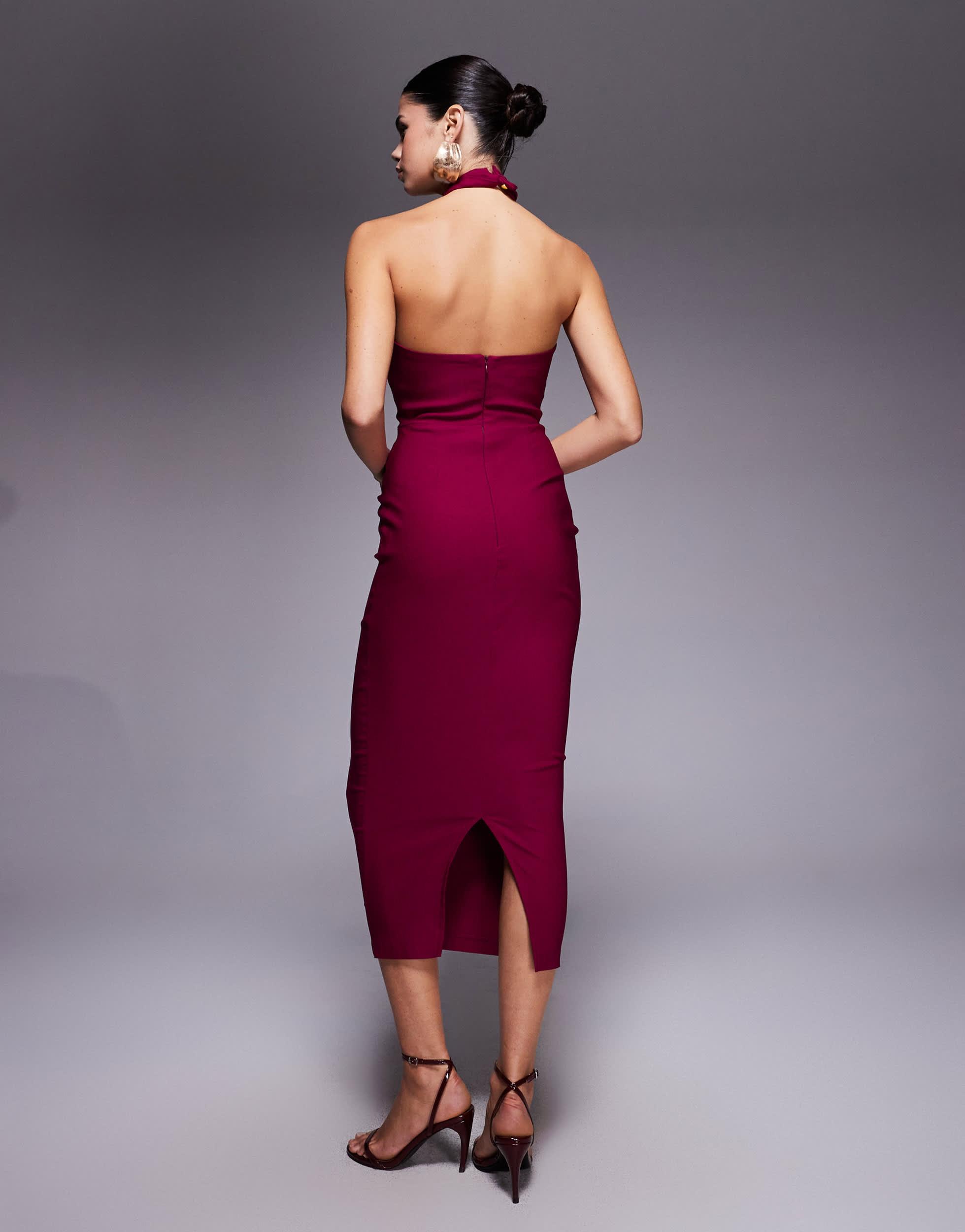 Vesper Bengaline Cross Front Halterneck Keyhole Detail Midaxi Dress in  Purple | Lyst