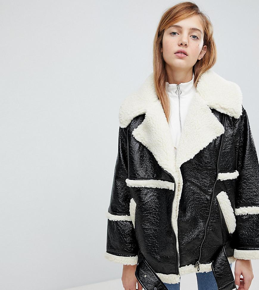 Monki Faux Leather And Shearling Aviator Jacket in Black | Lyst Australia