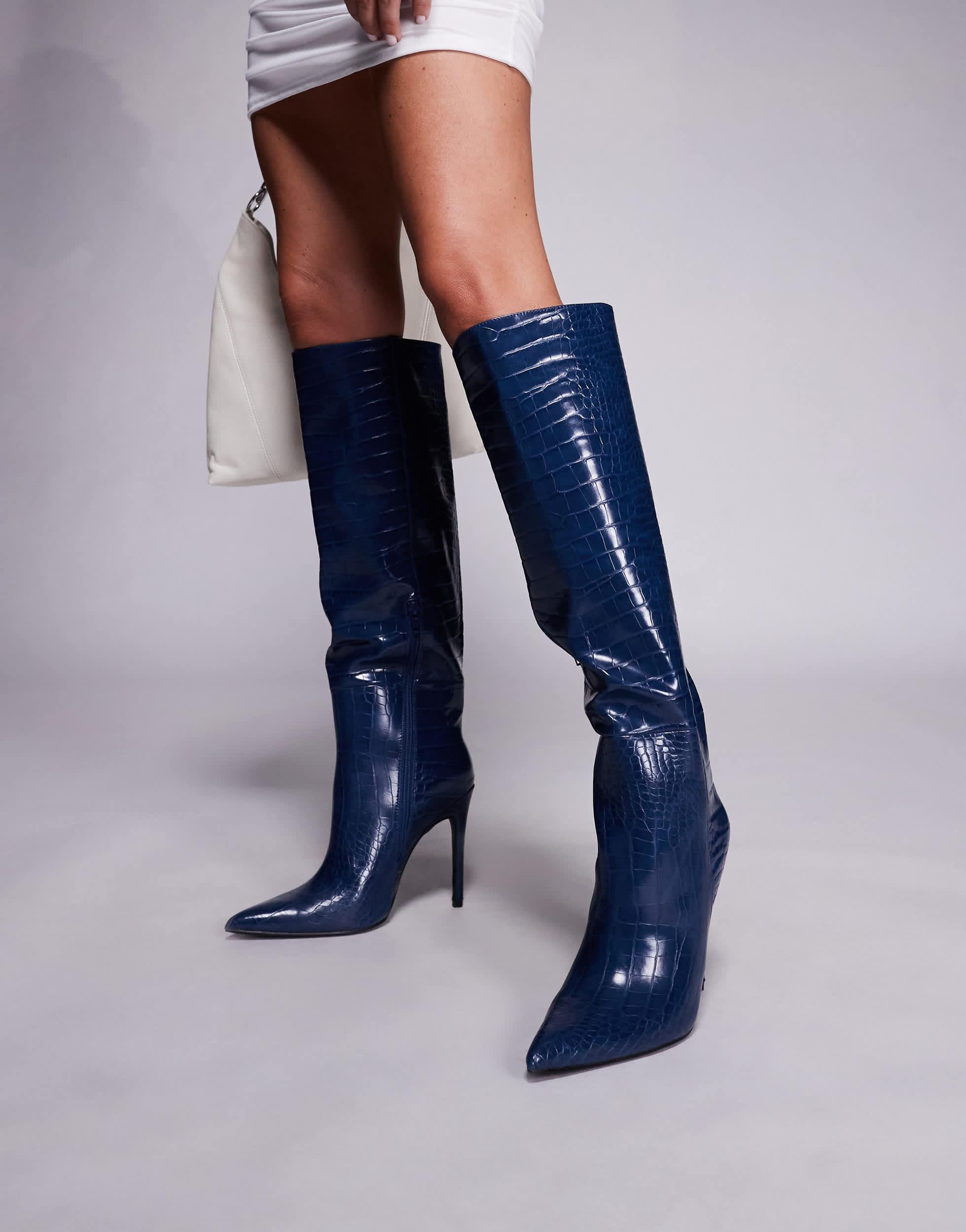 Amazon Blue Leather Thigh High Boots AZALEA WANG KAZUKI DENIM OPEN