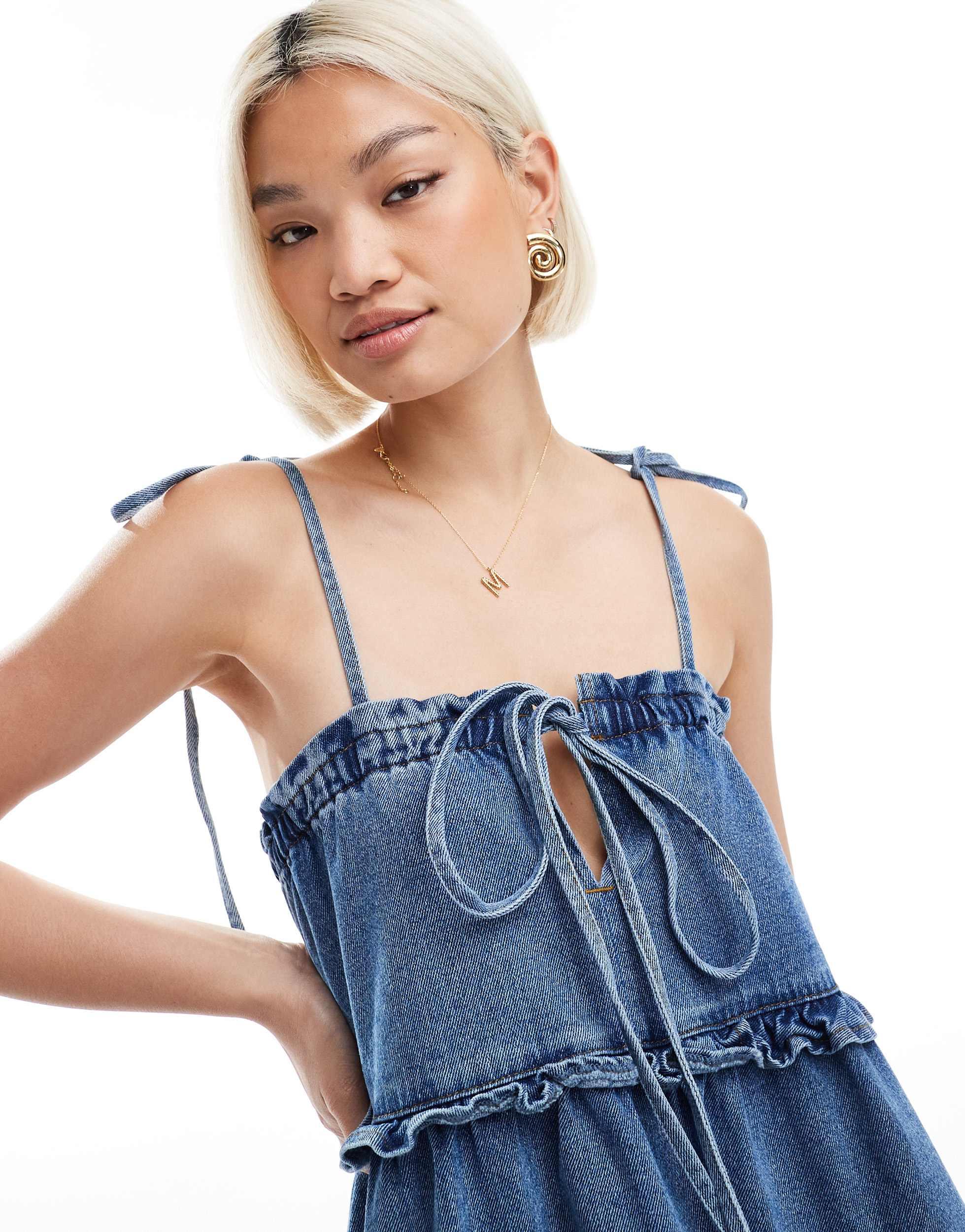 miss selfridge denim dungaree dress Miss Selfridge denim overall dress with frey hem in blue wash