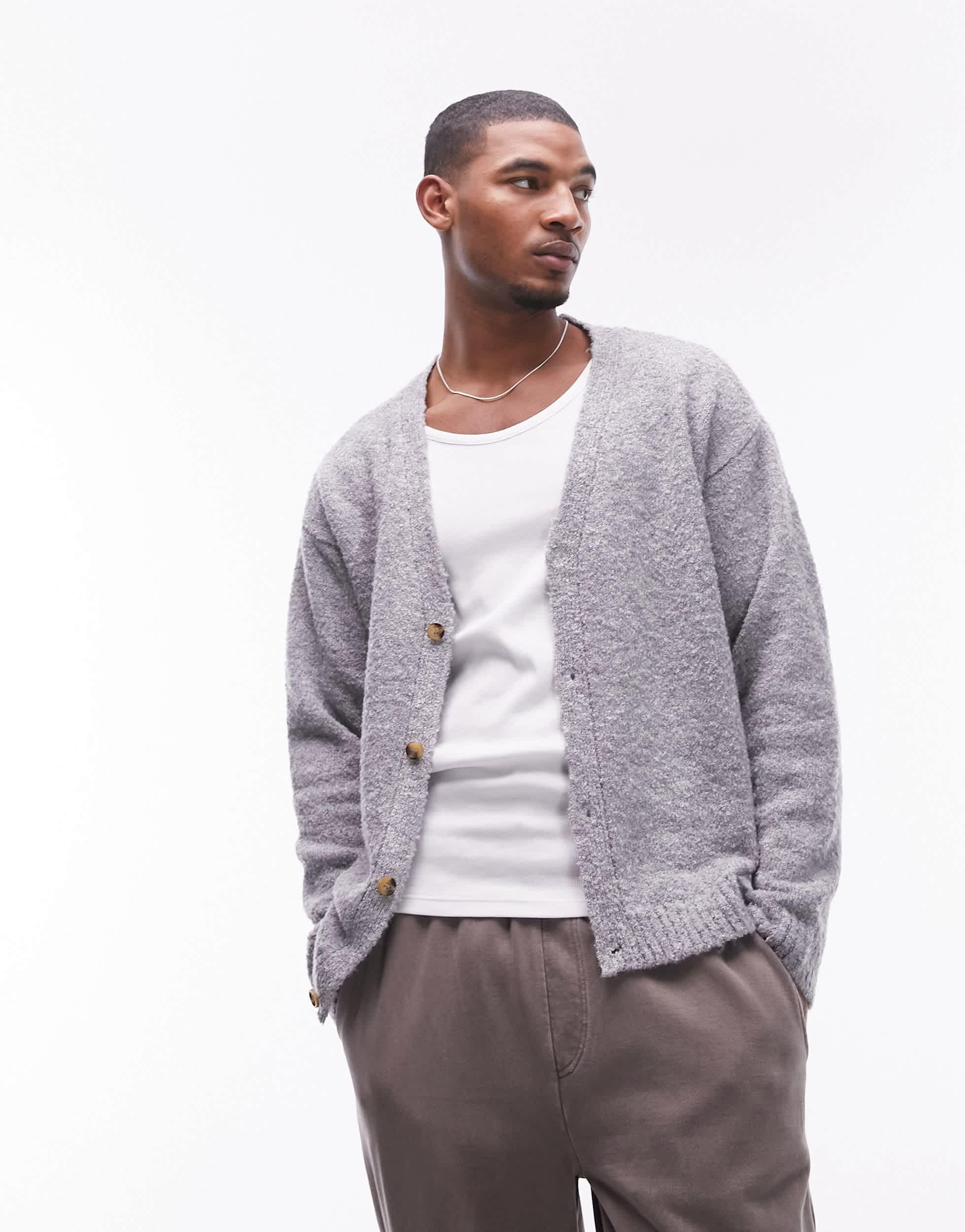 TOPMAN Boucle Relaxed Fit Cardigan in White for Men | Lyst